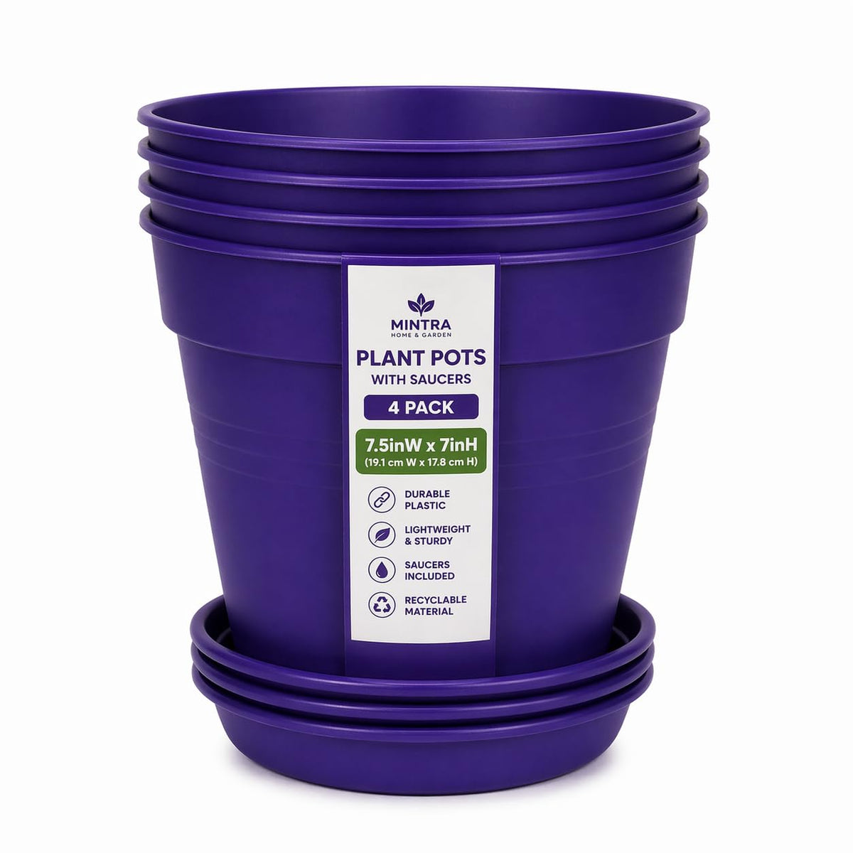 Mintra Garden Pots, 4 Pack Bulk Plastic Plant Pots with Drainage Tray, Round Indoor & Outdoor Decorative Planters with Drain Holes for Flowers, Herbs & Plants, 19cm Diameter – Purple, 7.5 in