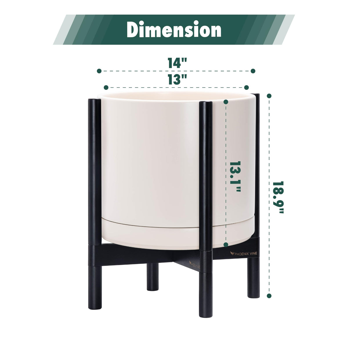 D'vine Dev Ceramic Planter with Ebony Stand - 14 Inch Modern Round Flower Pot with Wood Planter Holder, Oatmeal, 55-B-S-8