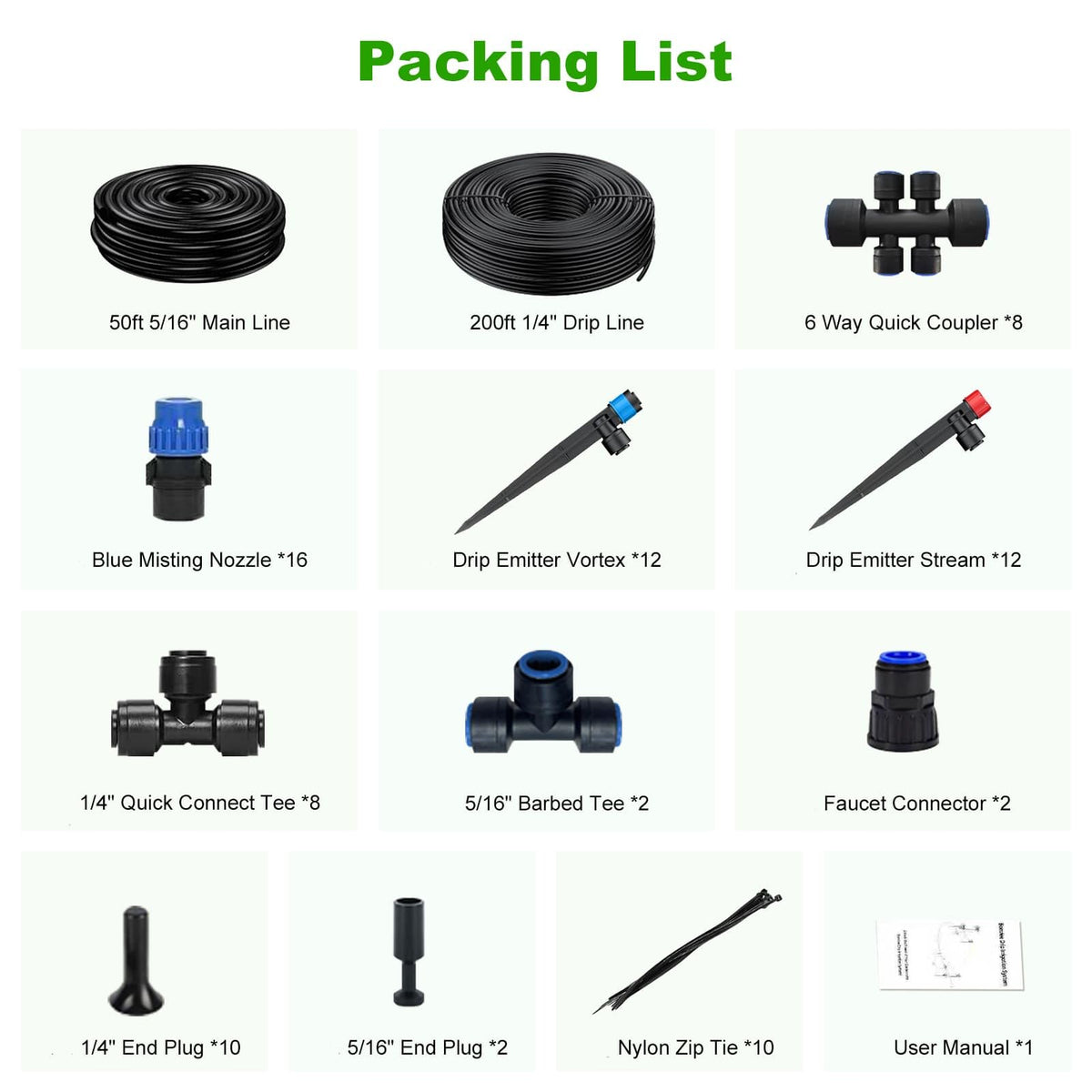 250FT Drip Irrigation System Kit New Quick-Connect, Automatic Garden Watering Misting System for Greenhouse, Yard, Lawn, Plant with 5/16 inch Hose 1/4 inch Distribution Tubing and Accessories