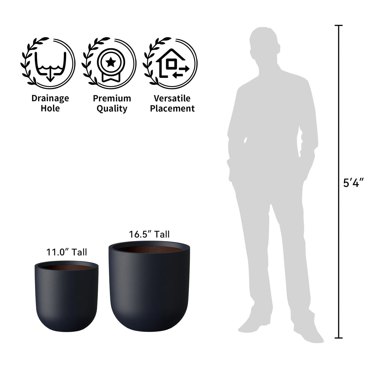 Kante 11.0" Round Concrete Planter, Large Cylinder Plant Pot with Curved Bottom and Drainage Hole, for Indoor and Outdoor Use – Garden or Patio, Black Finish with Painted Interior