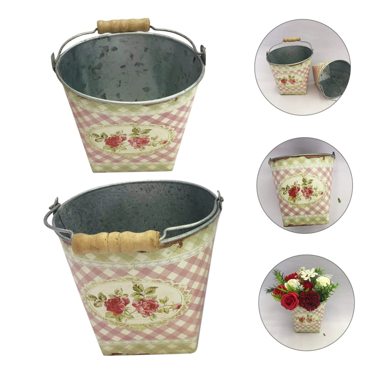 Parliky 2 Pack Metal Flower Buckets with Handle 5.7 Inch Rustic Iron Planters for Garden Patio Balcony Floral Arrangement Containers