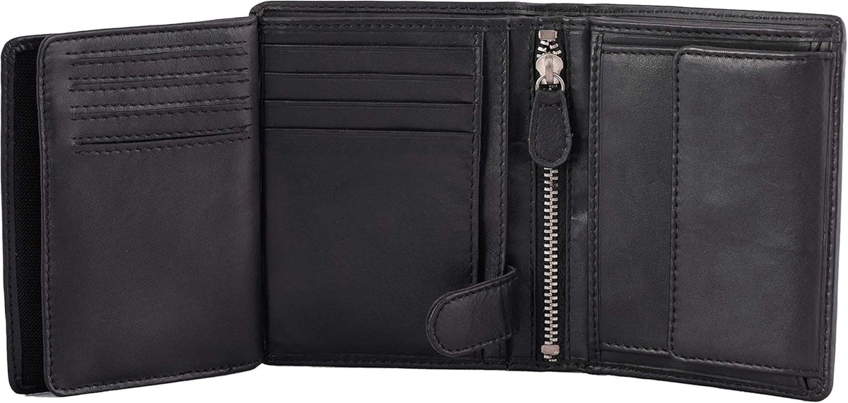 DiLoro Mens Wallet RFID Blocking Genuine Full Grain Leather Bifold Wallet with Flip ID Coin and Secure Zip Compartment Extra Large (Black Nappa)