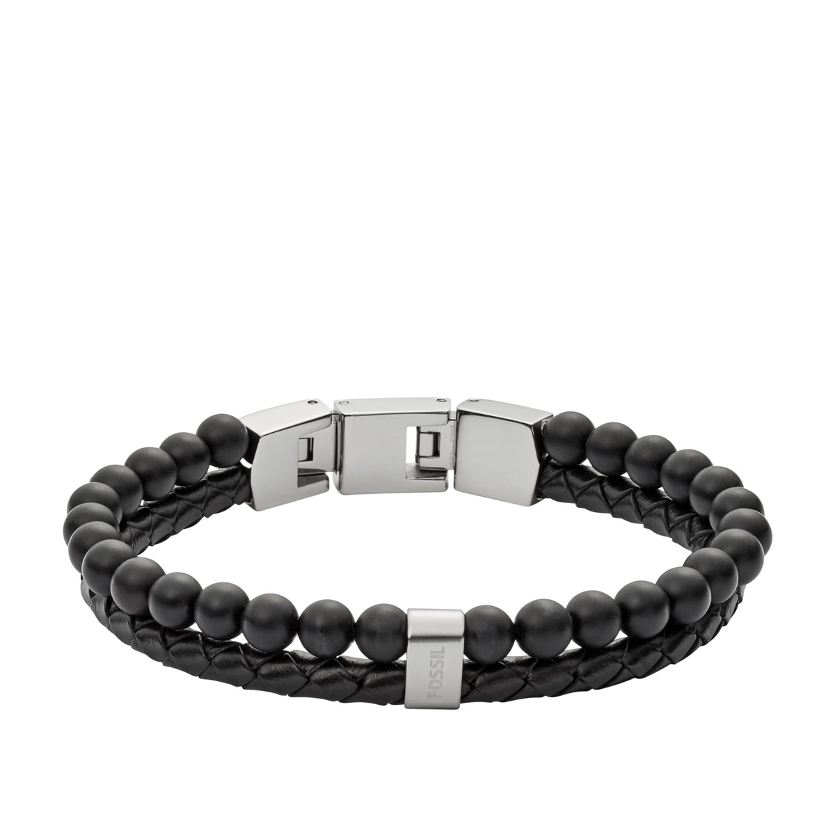 Fossil Men's Leather and Beaded Bracelet, Color: Black (Model: JF02763040)