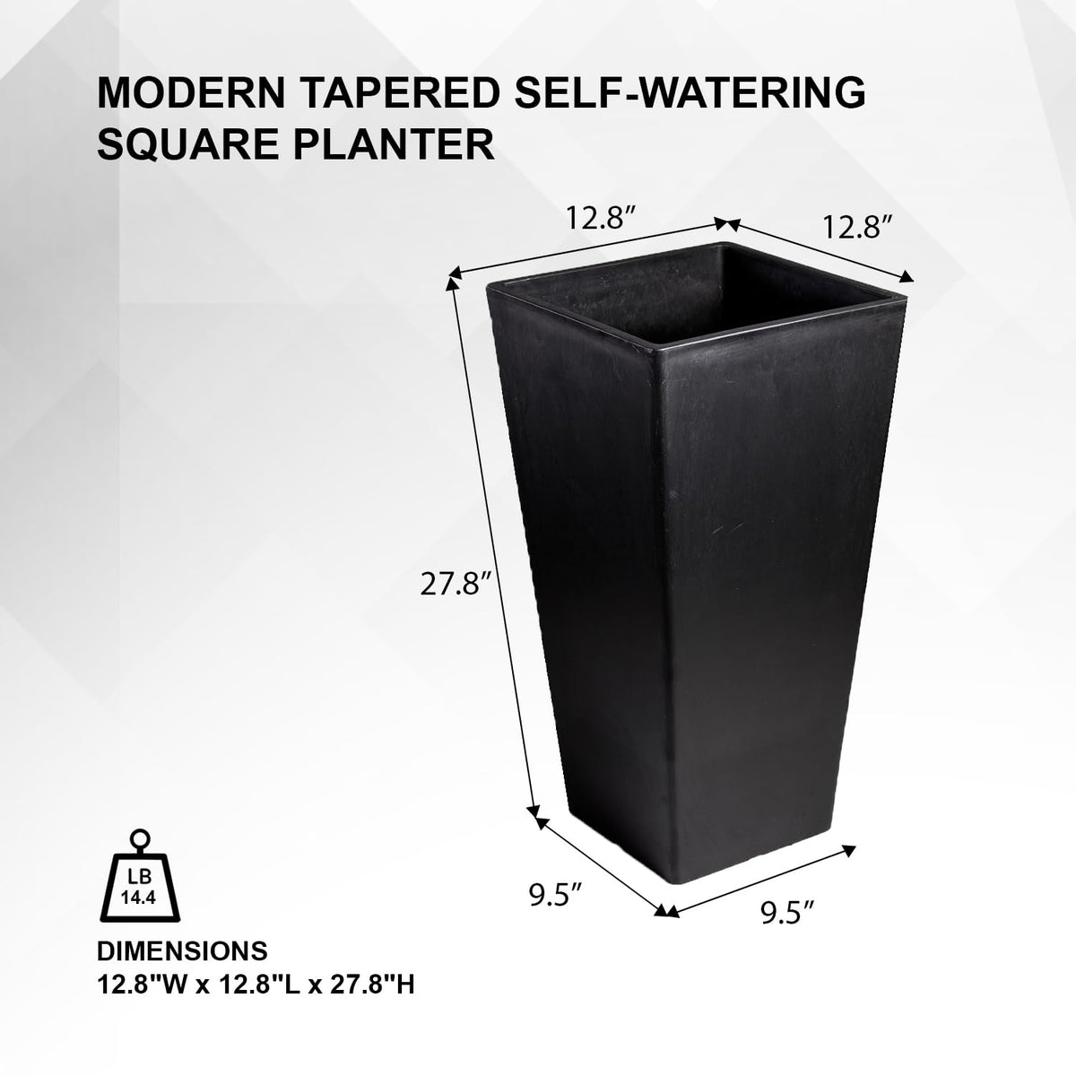 XBrand Modern 28-Inch Square Planter, Modern Tapered Black Perfect for Indoor & Outdoor, Patio Décor, Black