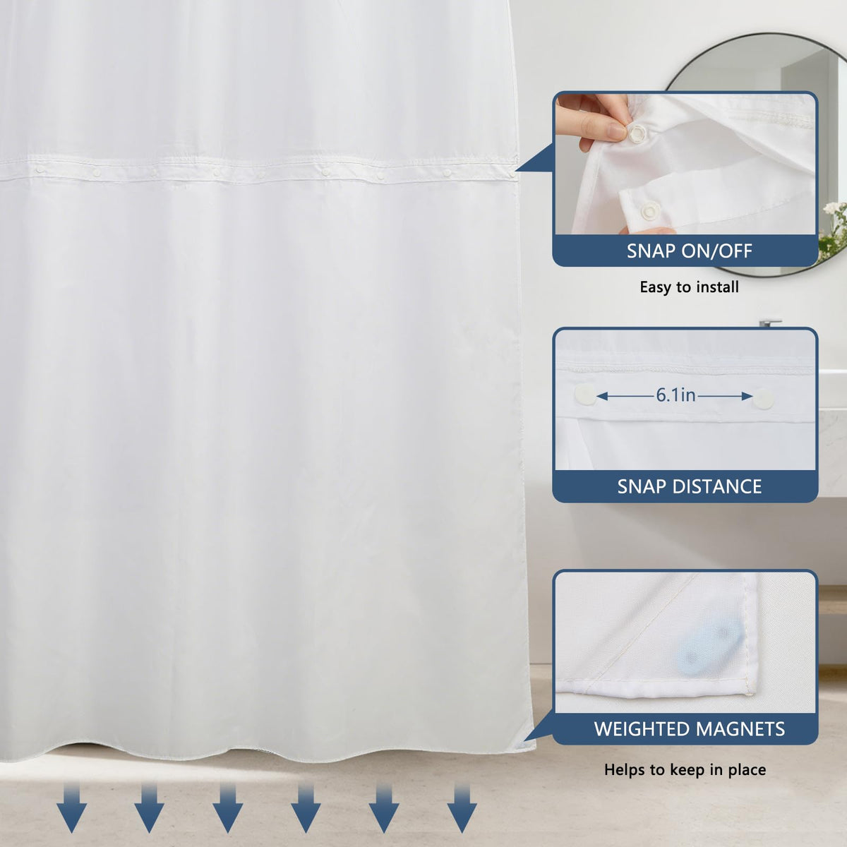 NAEMBCU No Hook Waffle Shower Curtain Snap in Liner 71x74 Inch