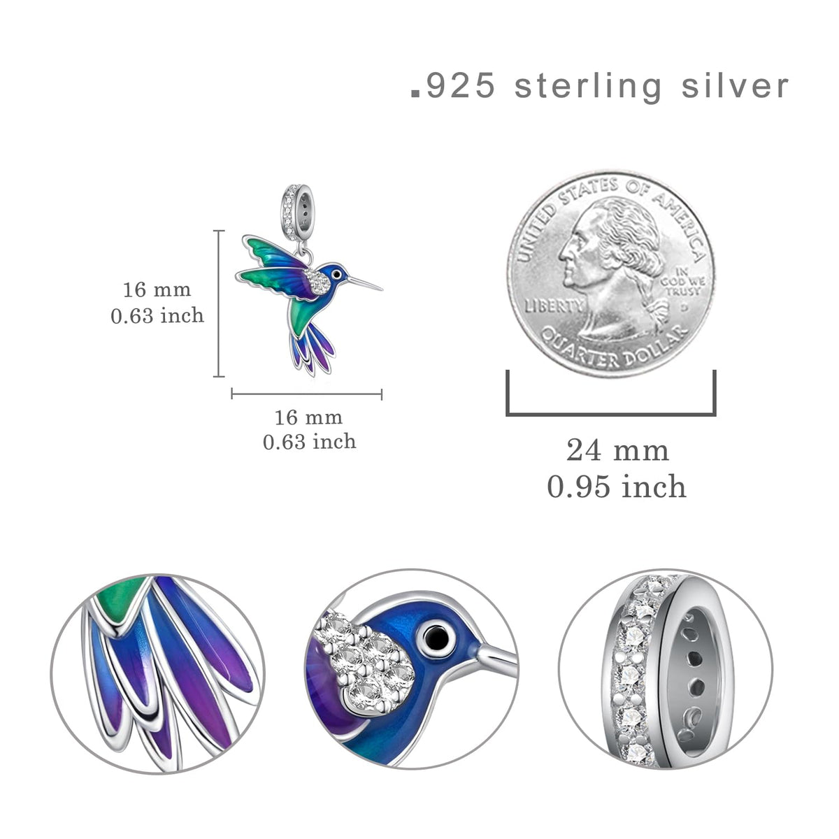 Cute Animals Charms 925 Sterling Silver Highland Cow/Dragon/Axolotl/Raccoon/Whale/Turtle/Cardinal/Hummingbird Charms for Bracelets for Women Cute Animal Charm Beads for Jewelry Making (Hummingbird Charm)