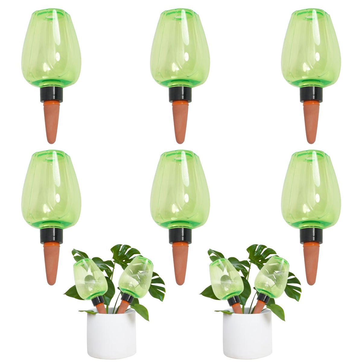 GEWOSI 6pcs Plant Self Watering Globes, Plastic Water Bulbs Top Fill, 12.3 oz Plant Watering Devices System Slow Release Terracotta, Water Spikes Stakes for Indoor (Green-6pack)