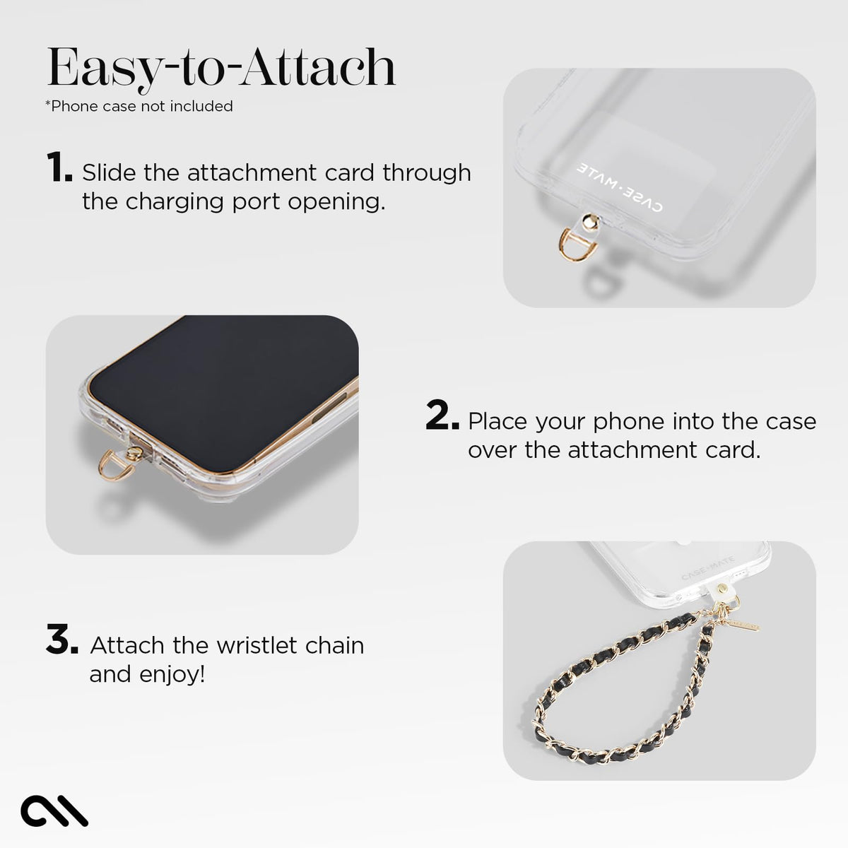 Case-Mate Phone Charm - Detachable Anti Theft Strap - Hands-Free iPhone Wrist Strap for Women - Phone Chain Wristlet - Fits Galaxy, Pixel and More - Gold Chain / Black Leather