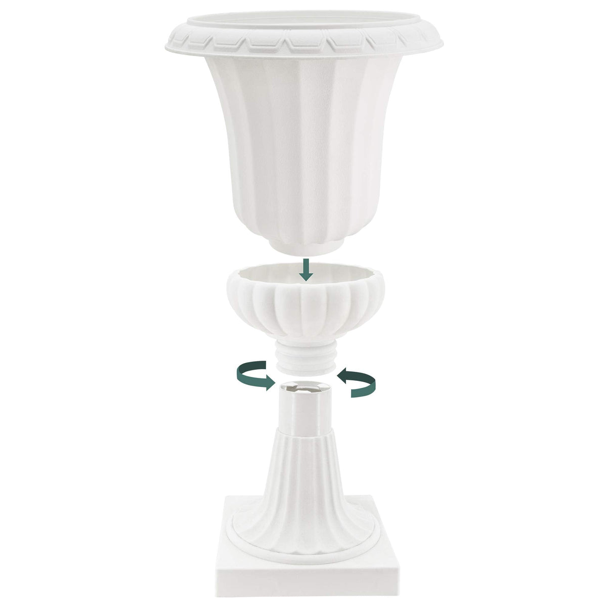Arcadia Garden Products Plastic Garden Pedestal Urn, Set of 2 Classic Decorative Garden Pot Planter for Indoor and Outdoor Plants, 10” x 17”, White