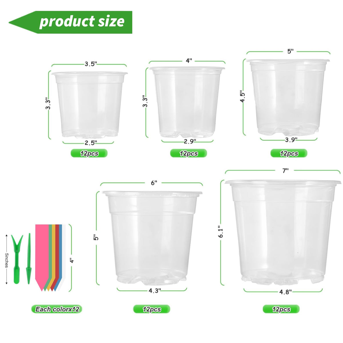 60 Pack Clear Nursery Pots with Drainage Holes, 3.5/4/5/6/7 Inch Clear Plastic Pots for Plants, Reinforced Transparent Nursery Pot with 60 Colorful Plant Labels 2 Garden Tools