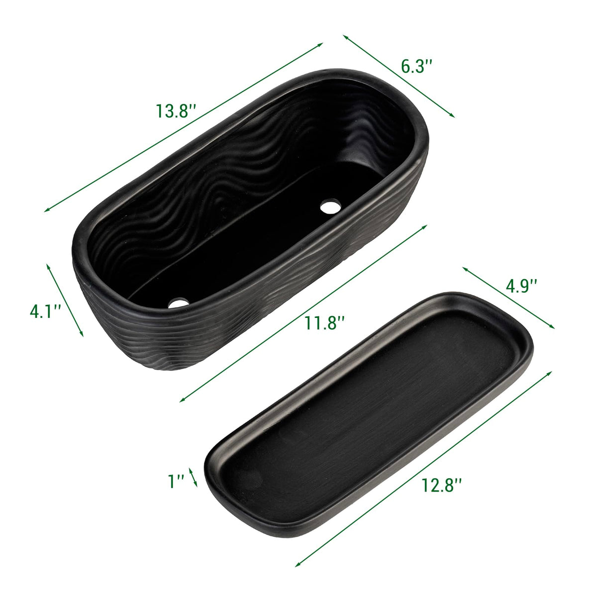 MyGift 13.5 inch Succulent Planter Pot, Oval Modern Ceramic Plant Box Container with Wave Textured Pattern and Removable Saucer Drip Tray (Black)