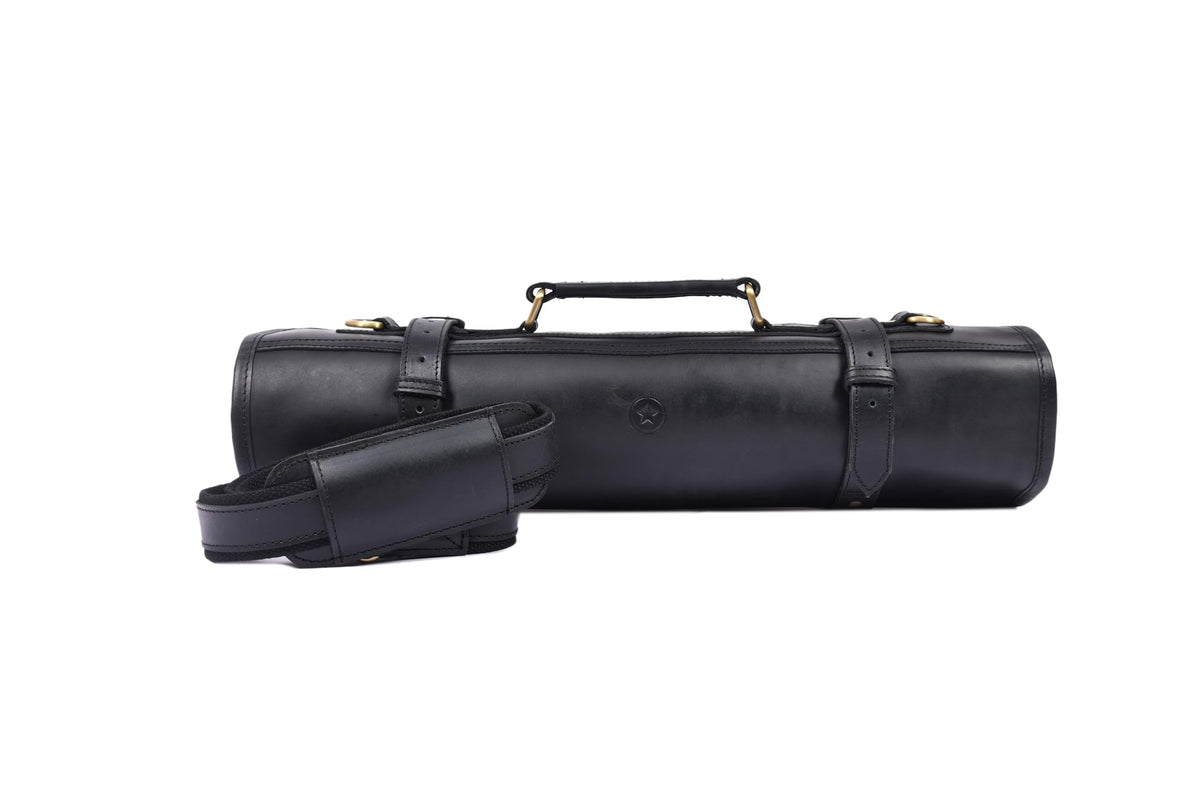 Leather Knife Roll Storage Bag, Elastic and Expandable 10 Pockets, Adjustable/Detachable Shoulder Strap, Travel-Friendly Chef Knife Case (Pitch Black, Leather)