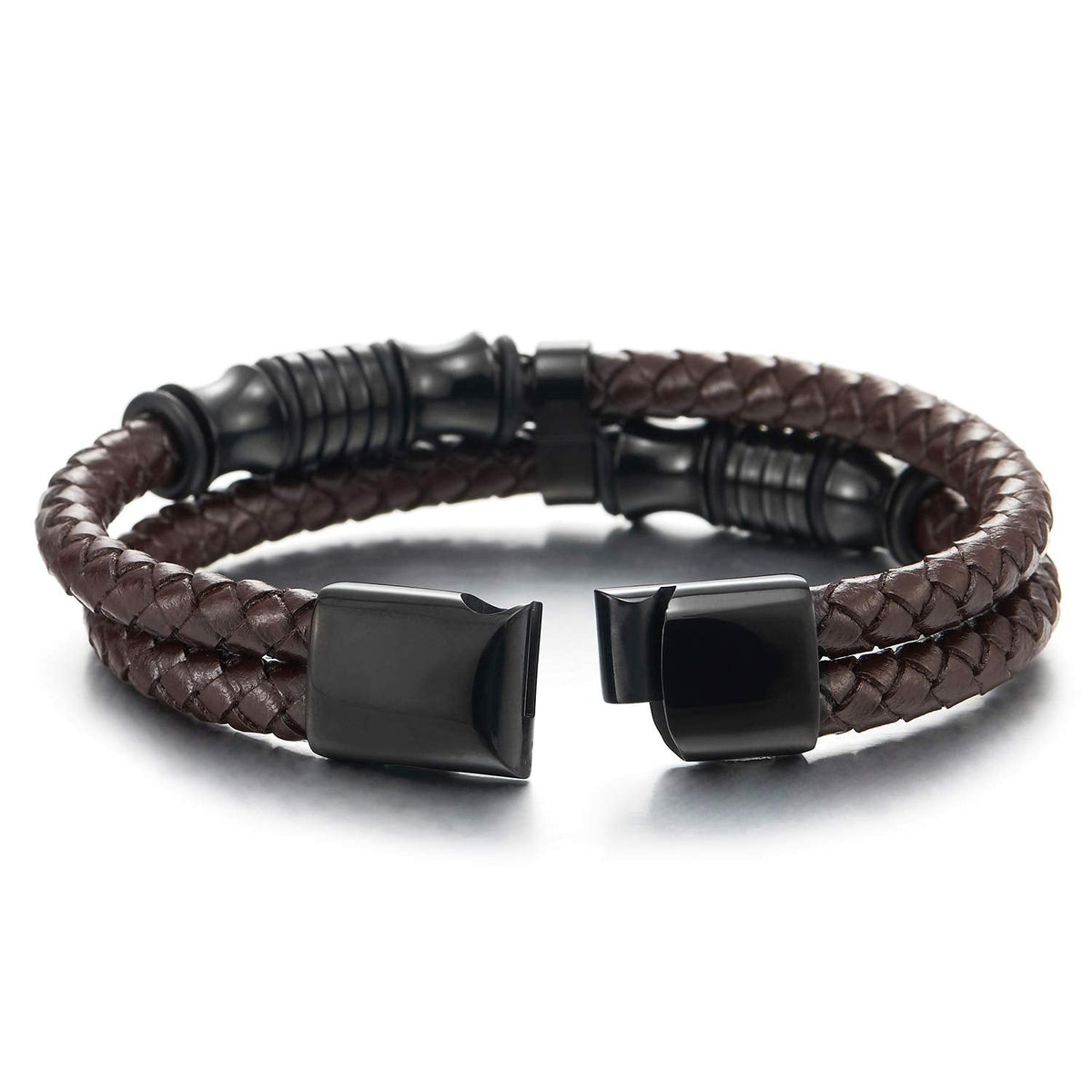 COOLSTEELANDBEYOND Mens Brown Braided Leather Bracelet with Black Stainless Steel Charms, Double Strand Wrap Wristband