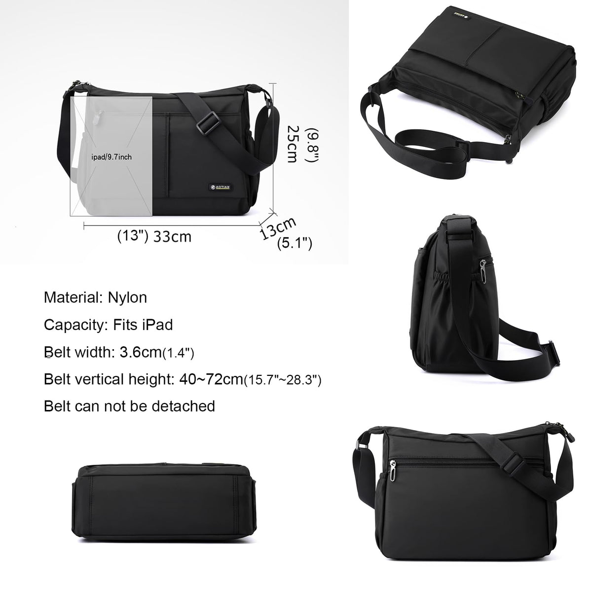 natyrlpog Men's Shoulder Bag Messenger Bag Nylon Waterproof Lightweight Casual Black Crossbody Bag for Work Travel Outdoor
