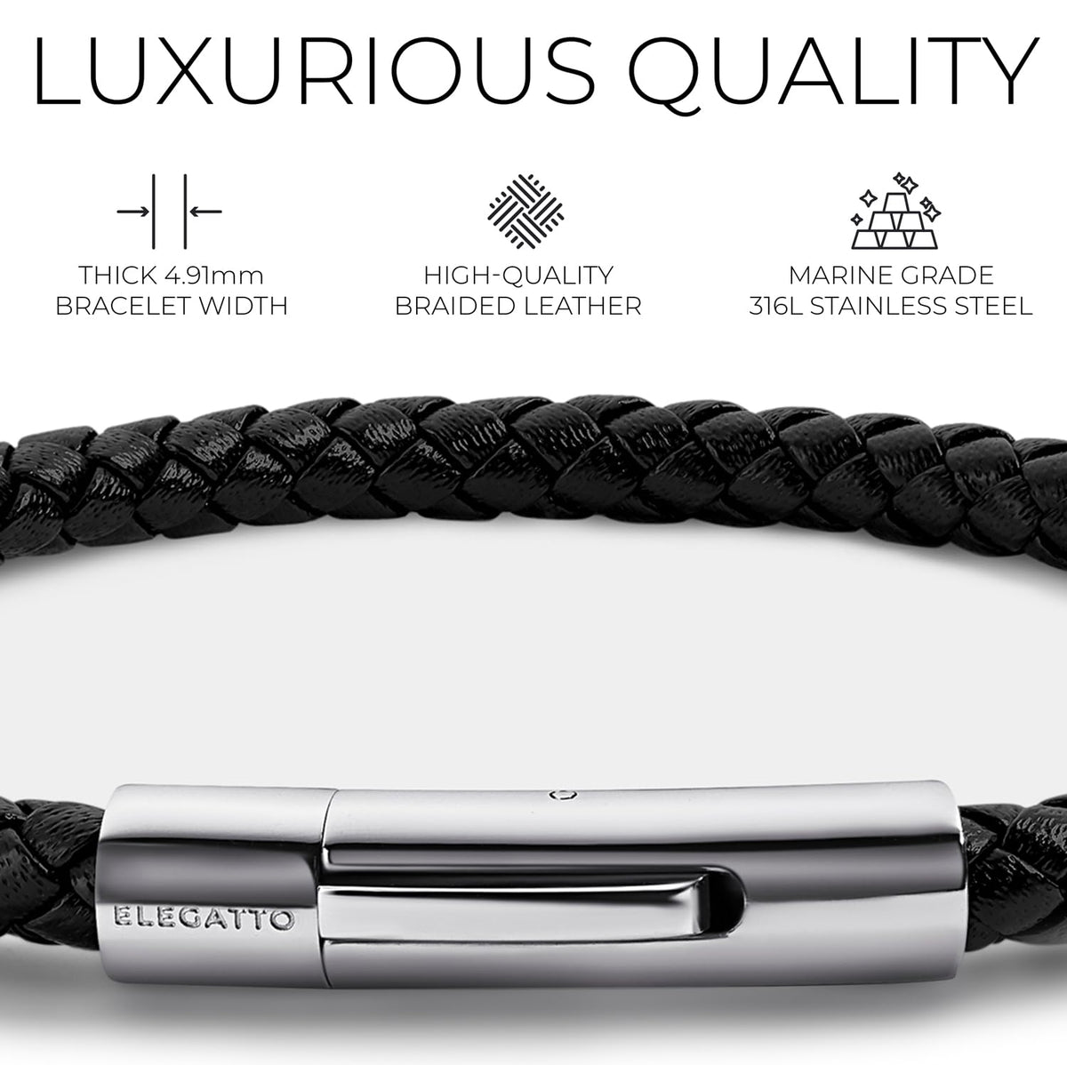 Elegatto Elagio Premium Braided Leather Bracelet for Men | Full-Grain Braided Leather with Sterling Silver Polished Stainless Steel Clasp | Men’s Designer Bracelets | Medium