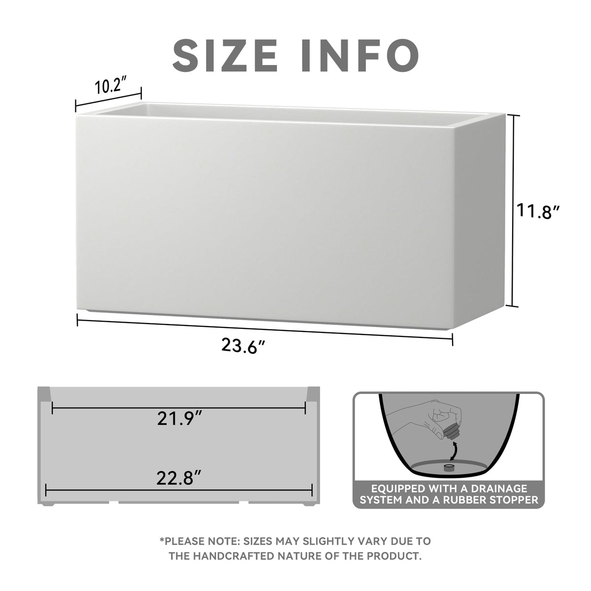 Kante 23.6" L Rectangular Concrete Planters, Outdoor Indoor Modern Plant Pot with Drainage Hole and Rubber Plug for Garden, Patio, Pure White Finish