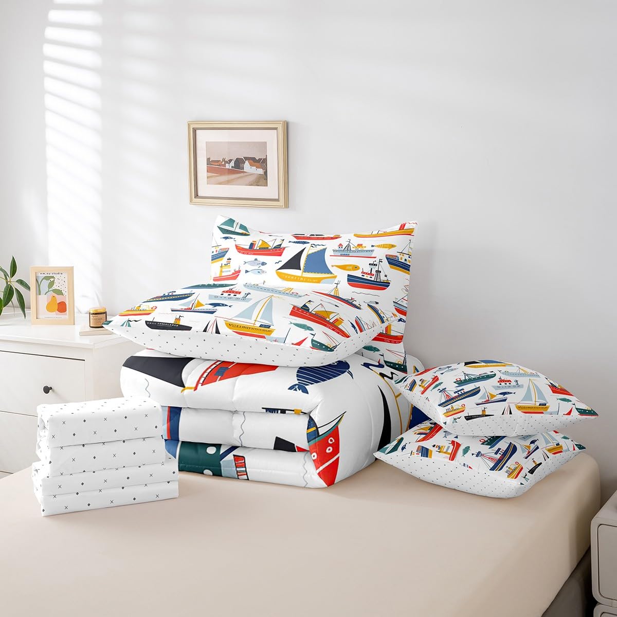 Erosebridal Nautical Comforter Set 7 Piece Bed in a Bag Twin,Retro Sailboat Steamship Bedding Sets Ocean Steamboat Steamer Sheet Set with Comforter