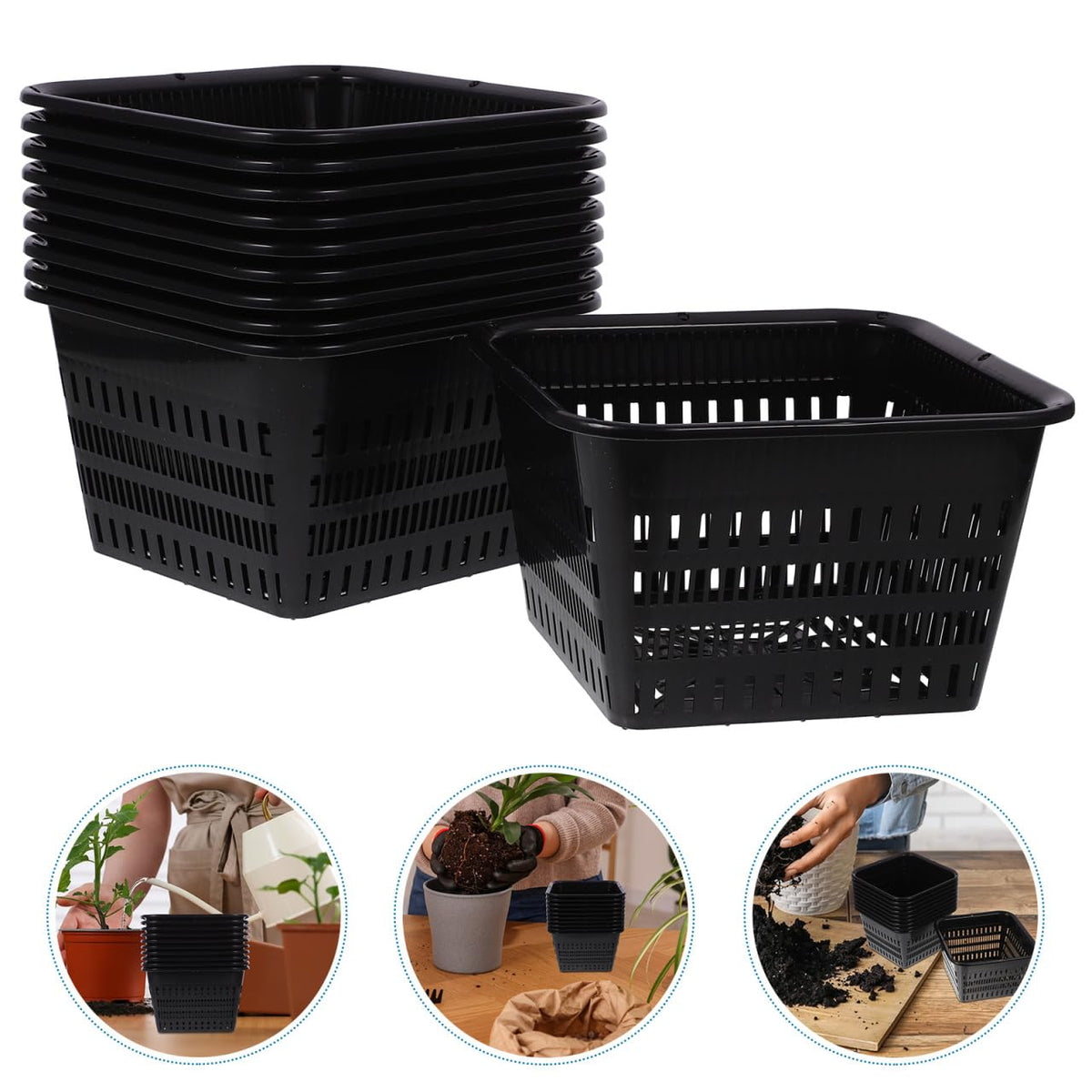 UPKOCH 10 Pack Square Net Pots for Hydroponics, Thick Plastic Orchid Pots with Holes, Black Mesh Slotted Cups for Pond Plant Drainage