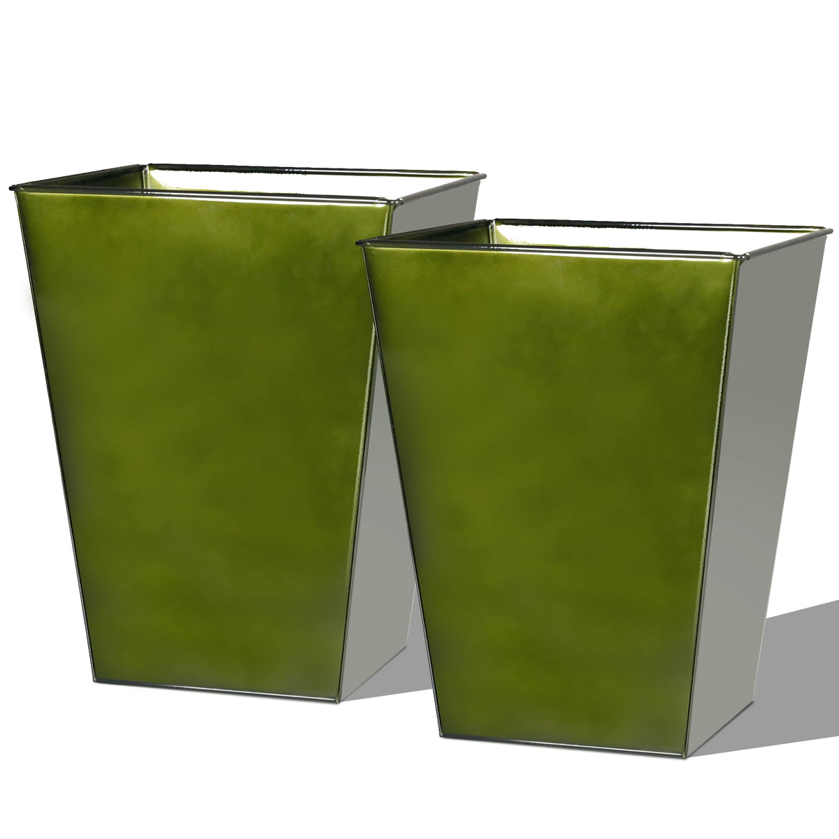 Worth Garden Large Metal Glazed Floor Planter Set of 2-14" Dia x 18" H - Luxurious Glossy Finish Green Tall Square Tapered Steel Plant Pots, Decor Flower Pot Indoor & Outdoor, Drainage Hole