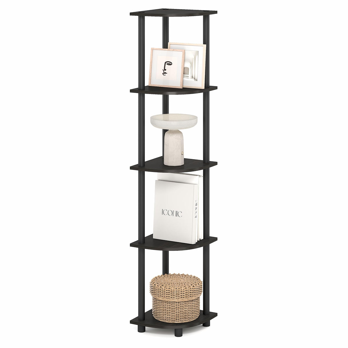 Furinno Turn-N-Tube Corner Shelf, 5-Tier Corner Bookshelf, Open Storage Shelves, for Organization and Storage, Living Room, Home Office, Garage, Bedroom, Black Espresso