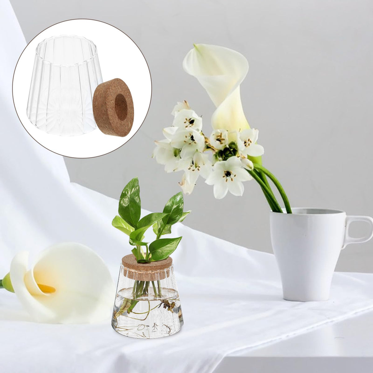 Operitacx 3pcs Hydroponic Glass Propagation Vases with Smooth, Hammered Vertical Texture Volcanic Neck and Wood Stopper, Indoor Plant Terrarium Set for Home and Office Décor