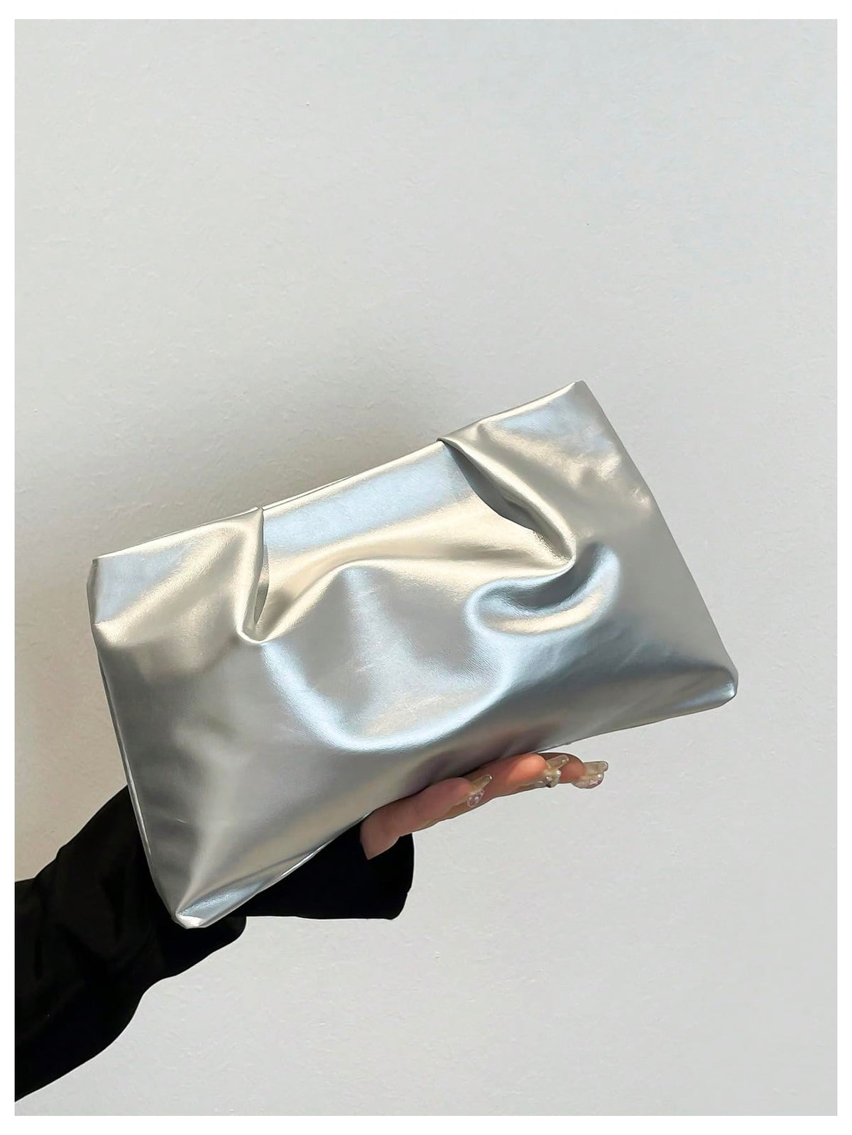 OYOANGLE Women's PU Leather Clutch Purses Small Zipper Ruched Minimalist Handbag Silver One Size