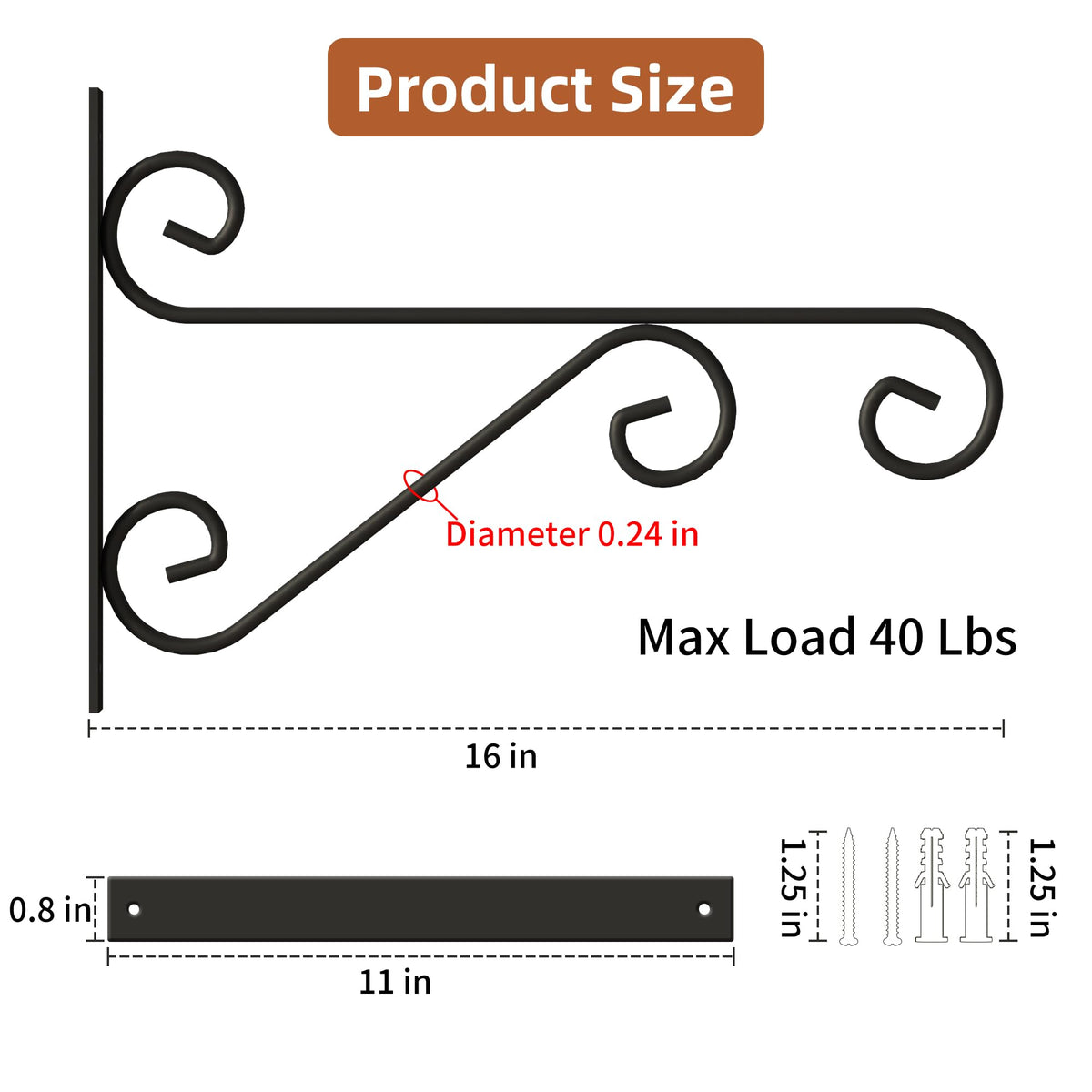 PROWORX 2 Pack 16 Inch Plant Hangers Outdoor Bracket, Indoor Wall Mount Metal Heavy Duty Rust-Resistant Bird Feeder Plant Hooks for Hanging Planters, Flower Baskets, Black