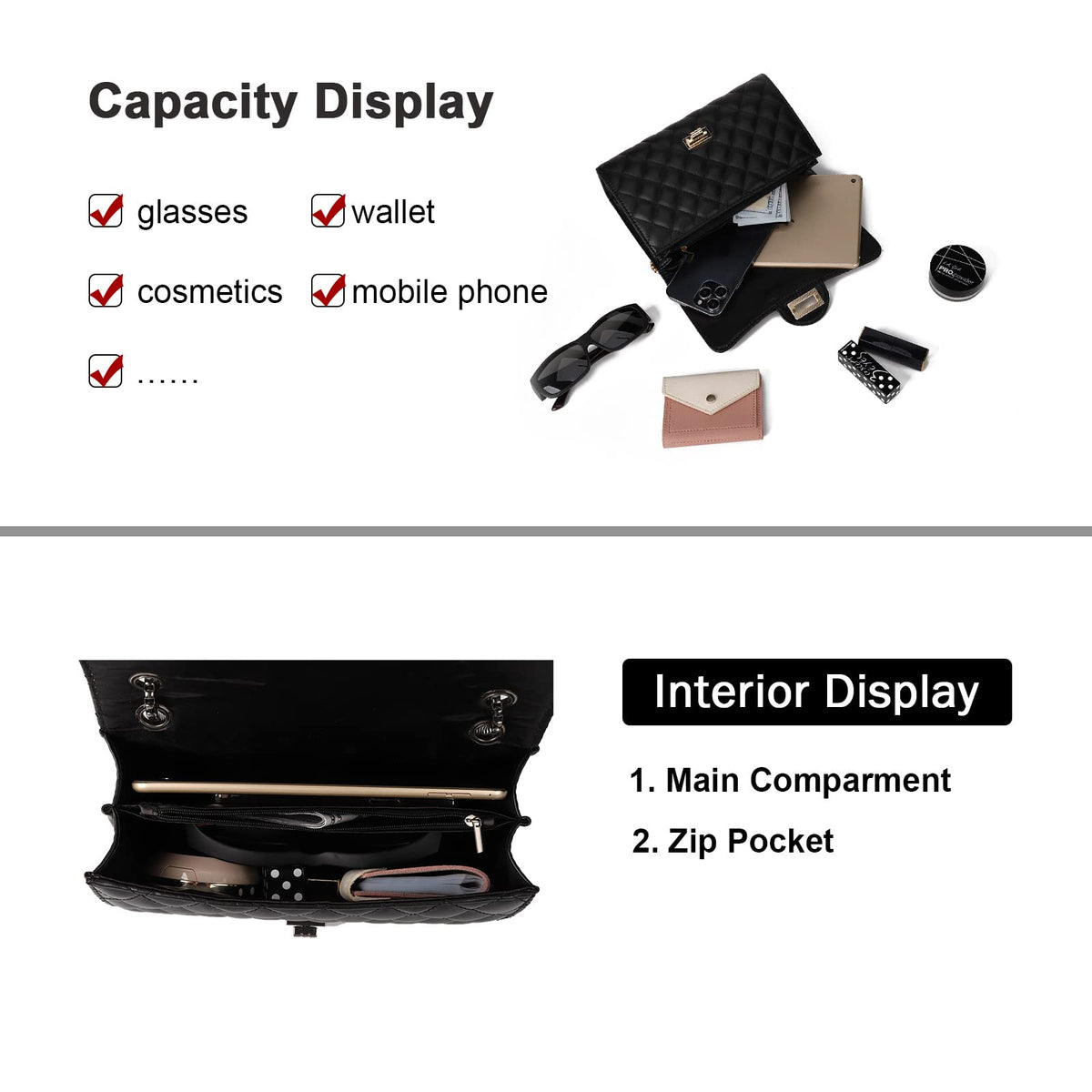 Gladdon Quilted Crossbody Purse for Women Trendy Ladies Shoulder Bag with Chain Designer Purses Black I