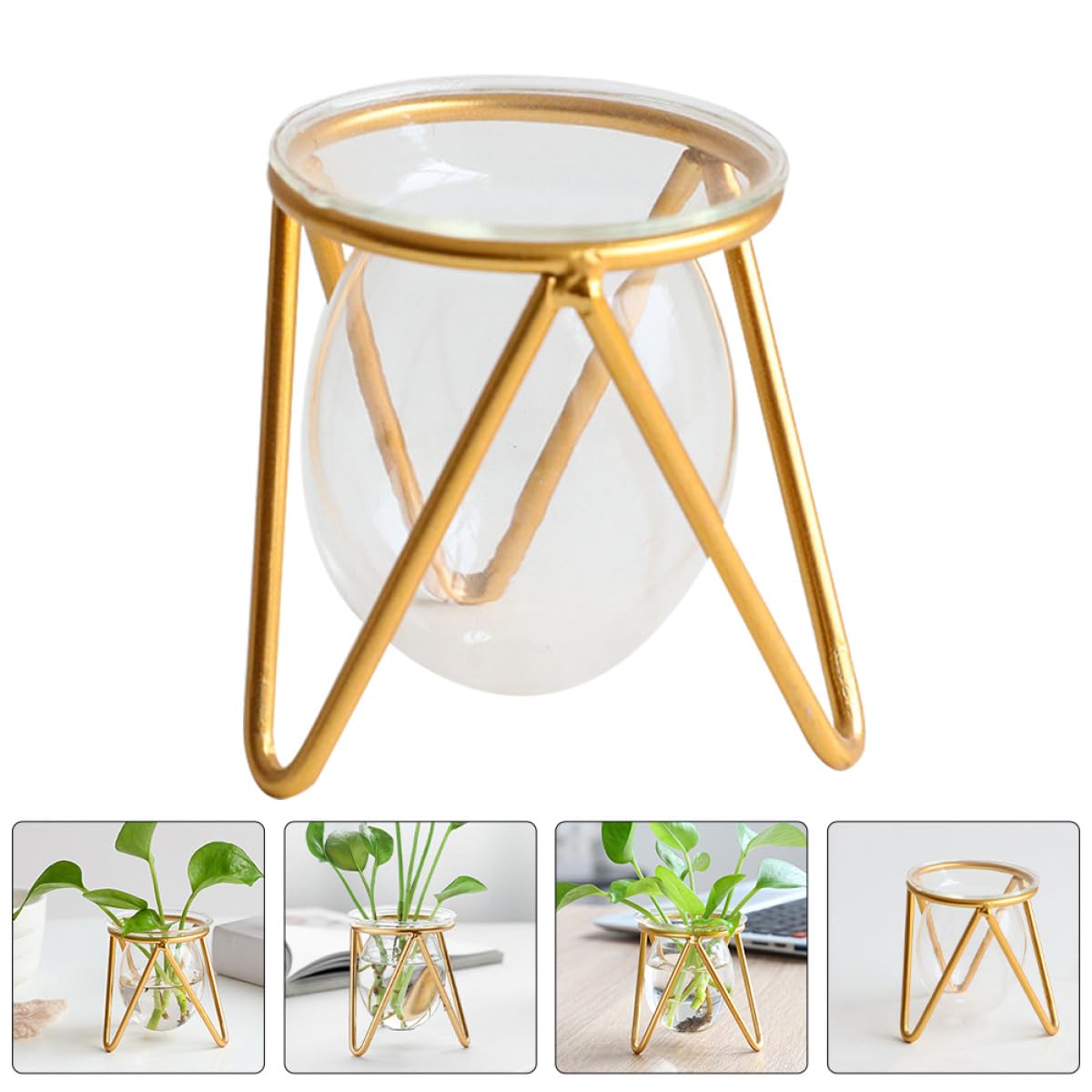 VICASKY Hydroponic Glass Plant Container with Metal Stand, Small Gold Desktop Flower Vase for Air Plants and Terrarium Décor, Glass Hydroponic Pot for Wedding and Office Use