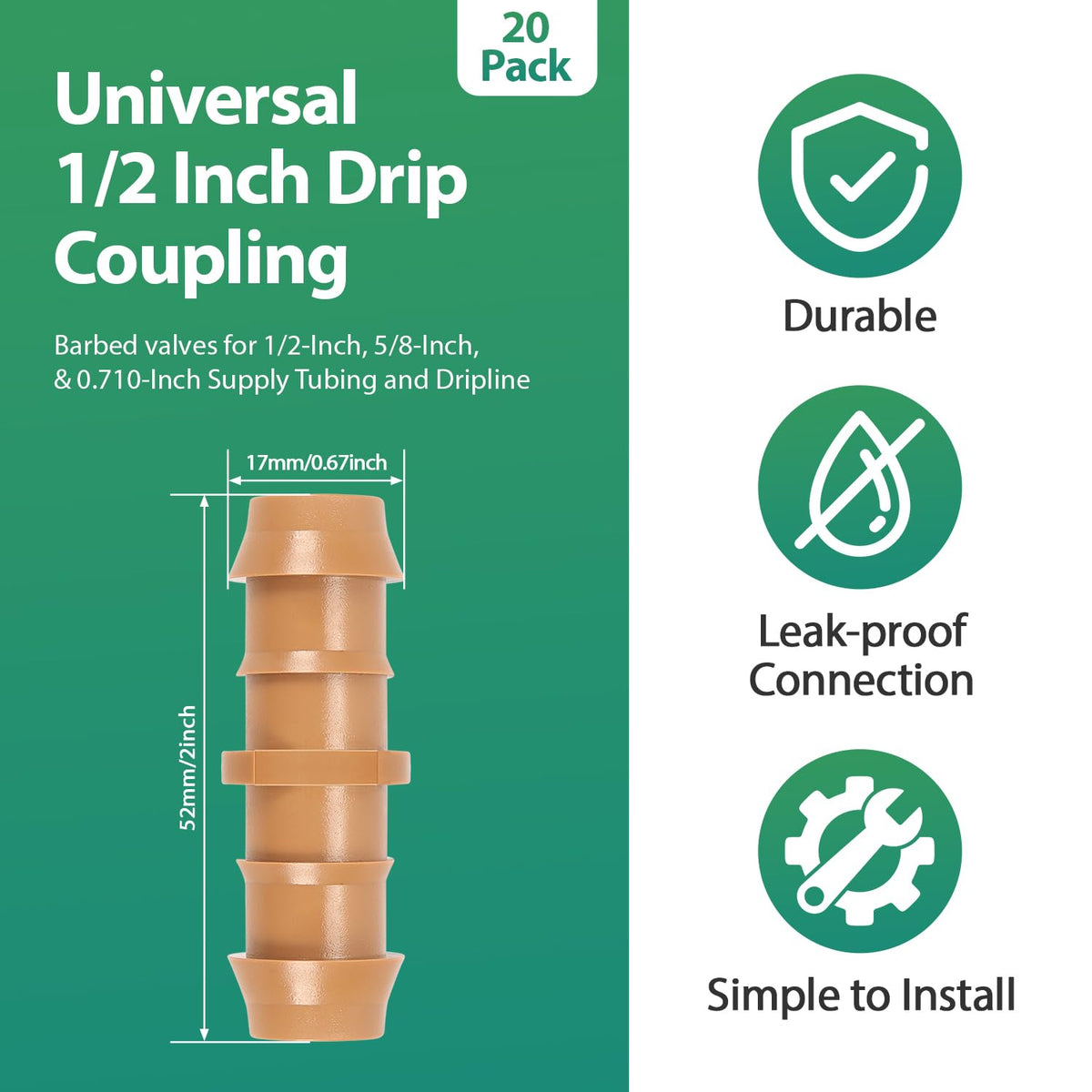 RedChili 20 Pcs 1/2 Inch Irrigation Tubing Coupling Fittings, 1/2" Drip Irrigation Barbed Coupler Connectors Fits 1/2", .700" Drip Tubing for Garden Lawn Irrigation System