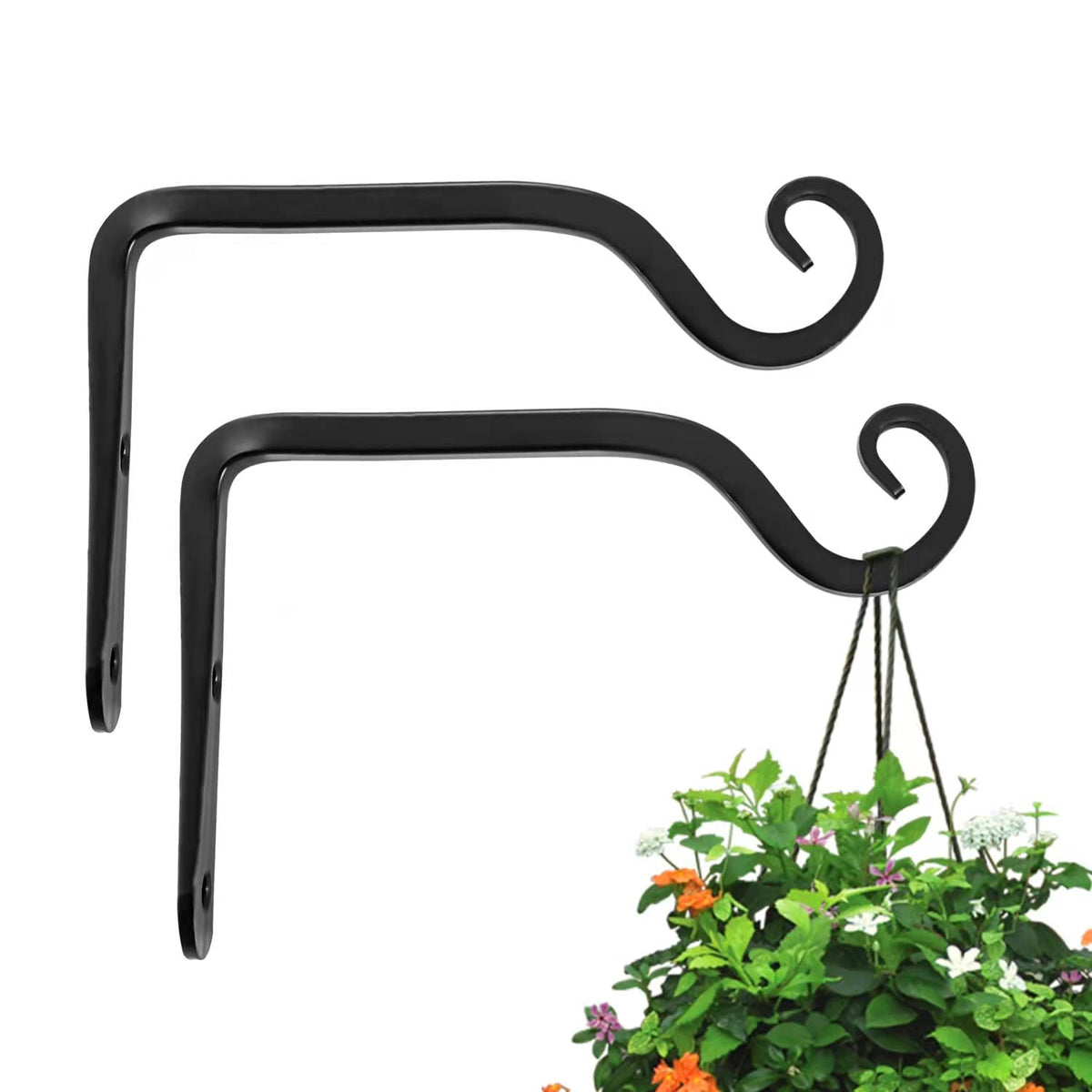onepeng 2 Pack Outdoor Heavy Duty Plant Hangers, Black Metal Wall Hooks Hanging Brackets for Flower Baskets, Bird Feeders, Lanterns, Wind Chimes, Patio Garden Porch Indoor Outdoor Use