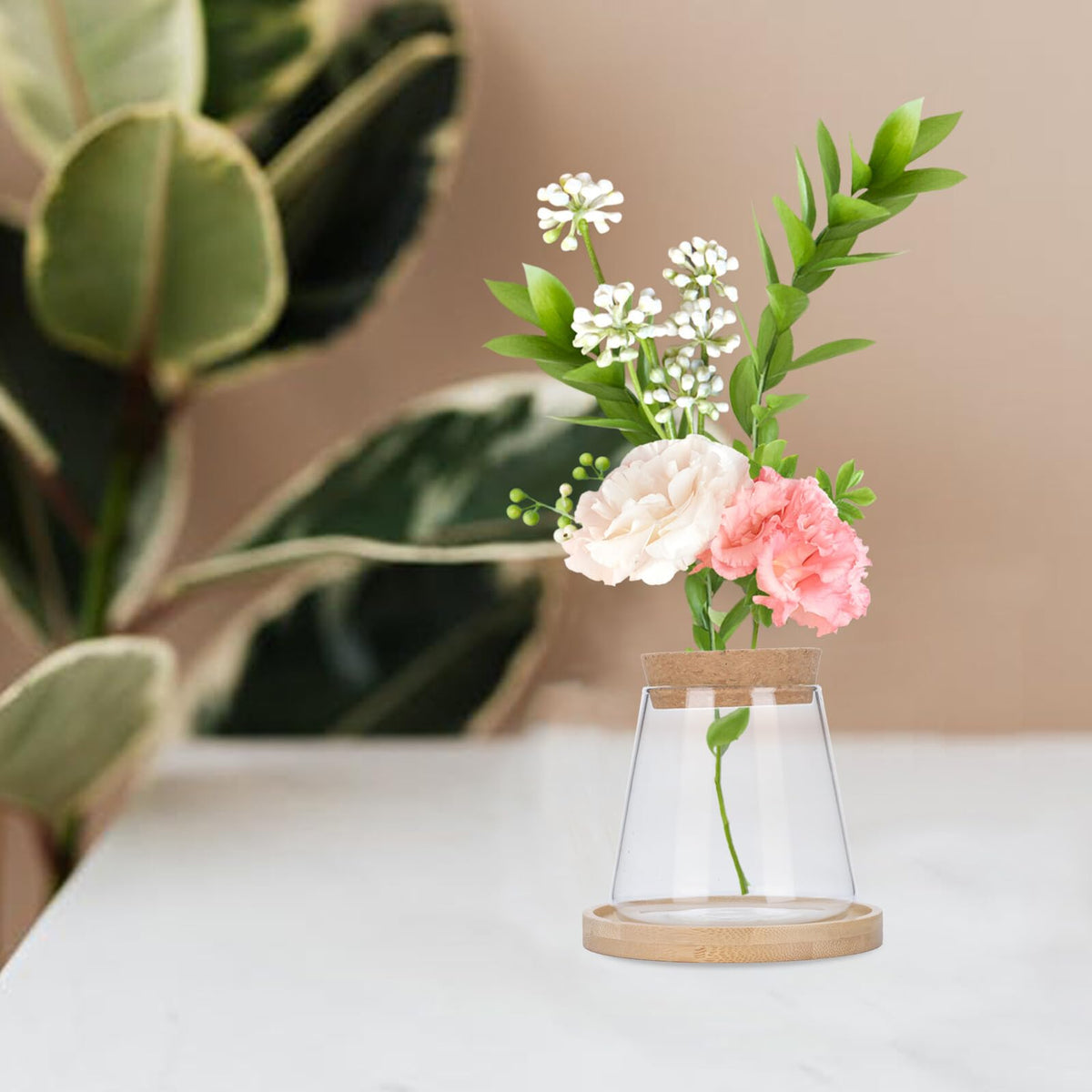 Ipetboom Hydroponic Glass Vase with Wooden Base and Brush, Ecological Bottle for Office Plant Propagation and Gardening Display, Glass Planter Terrarium for Indoor Home Décor