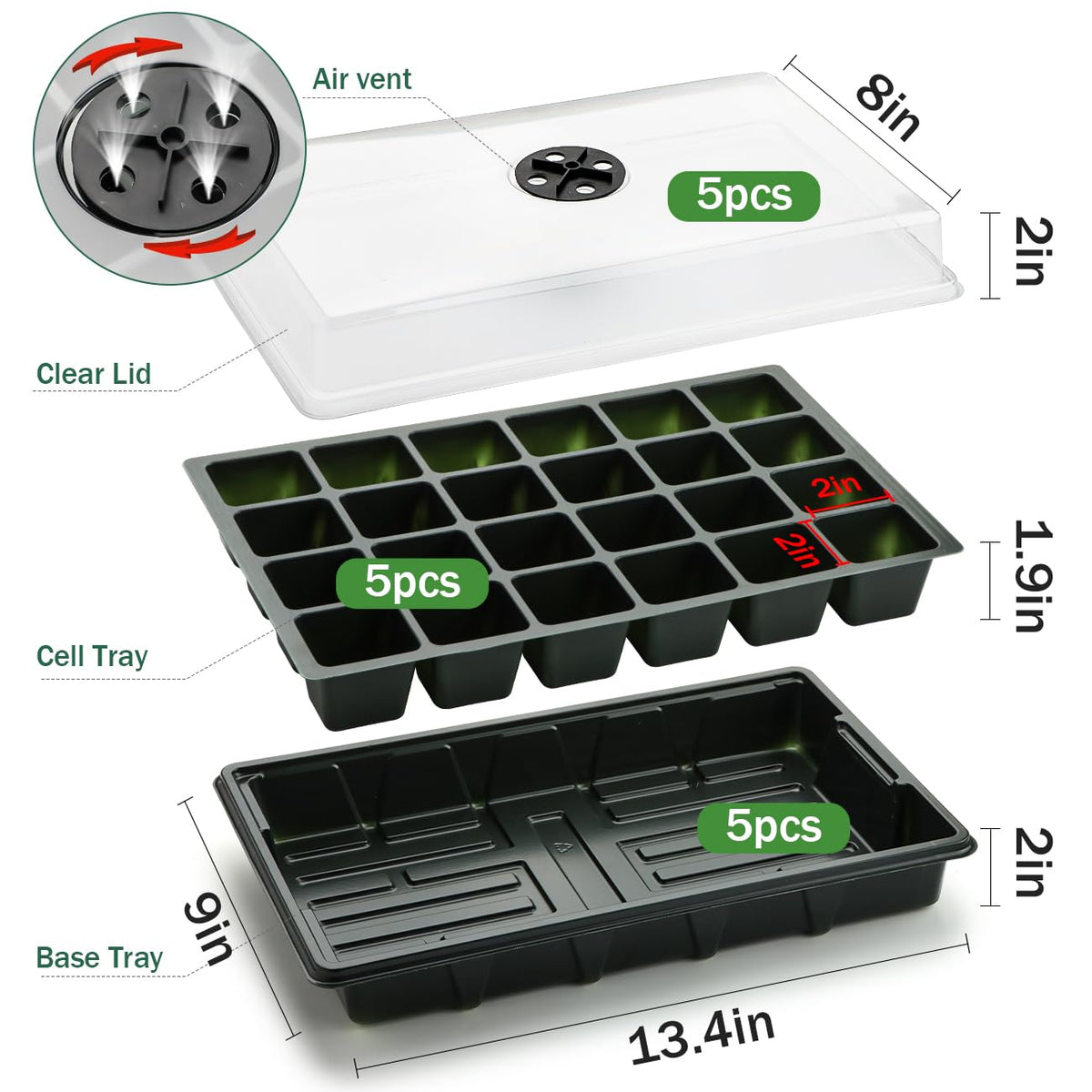 24XL Cell Seed Starter Tray with Dome, 5-Pack 2" Plug Seedling Trays (Total 120 Cells), Plant Germination Tray with Humidity Vented Lid and Base, Mini Propagator Plant Greenhouse for Seed Growing