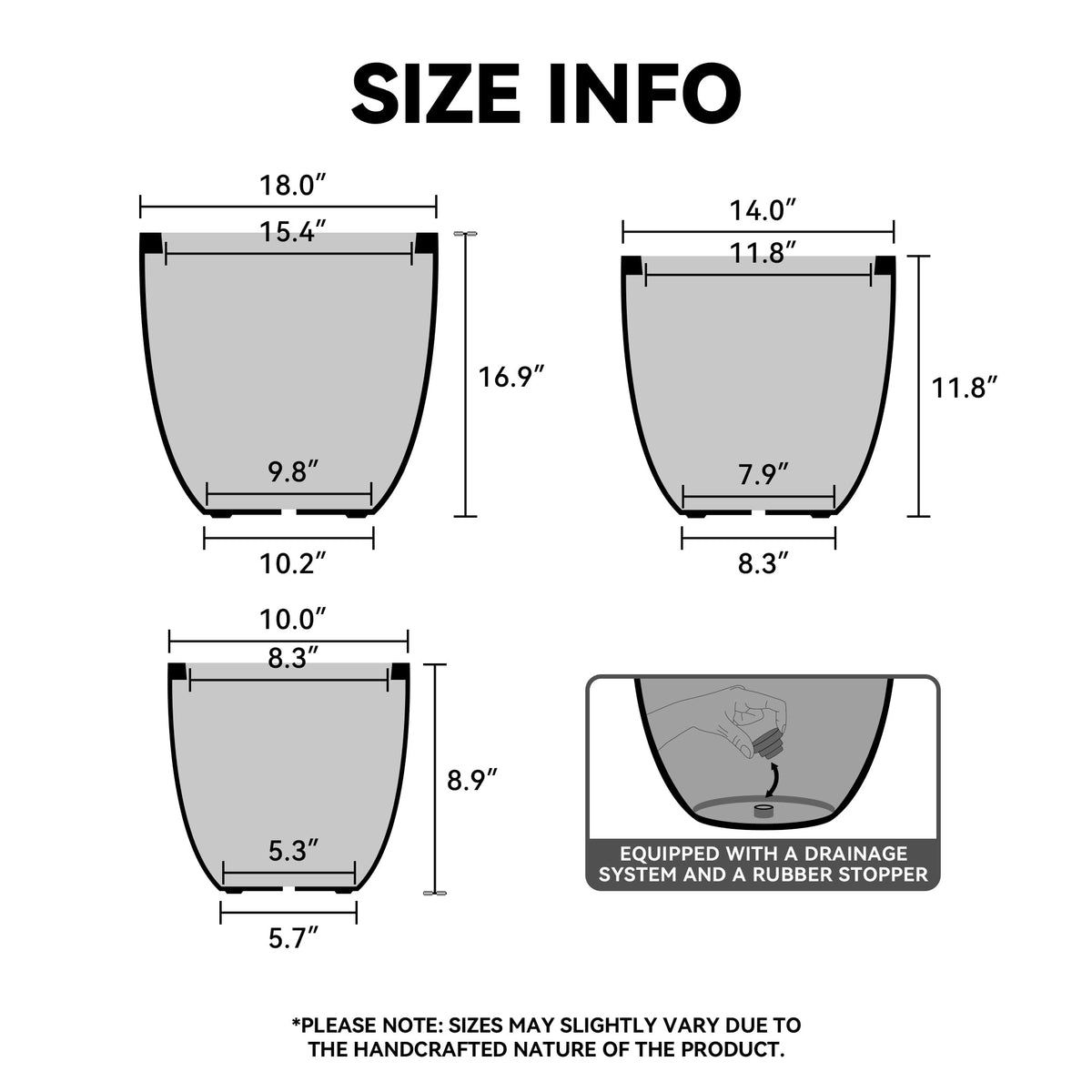 Kante Round Concrete Planter Set of 3, Large Outdoor Indoor Plant Pots with Drainage Hole, 10/14/18-Inch Diameter Flower Pots for Patio, Garden and Home, Charcoal