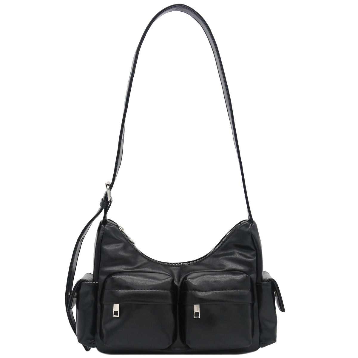 FashionPuzzle Glossy PU Leather Multi Pocket Shoulder Bag Hobo (Black)
