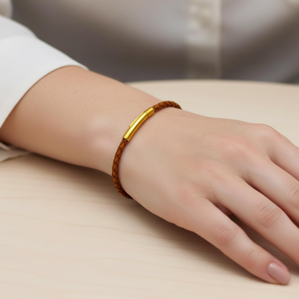 Leporem Real Leather Wristband 7.9 Inch Unisex 18K Gold Push Lock Clasp Bracelet Minimalist Wristlet Luxury Gift Box (Brown, 7.9 Inch)