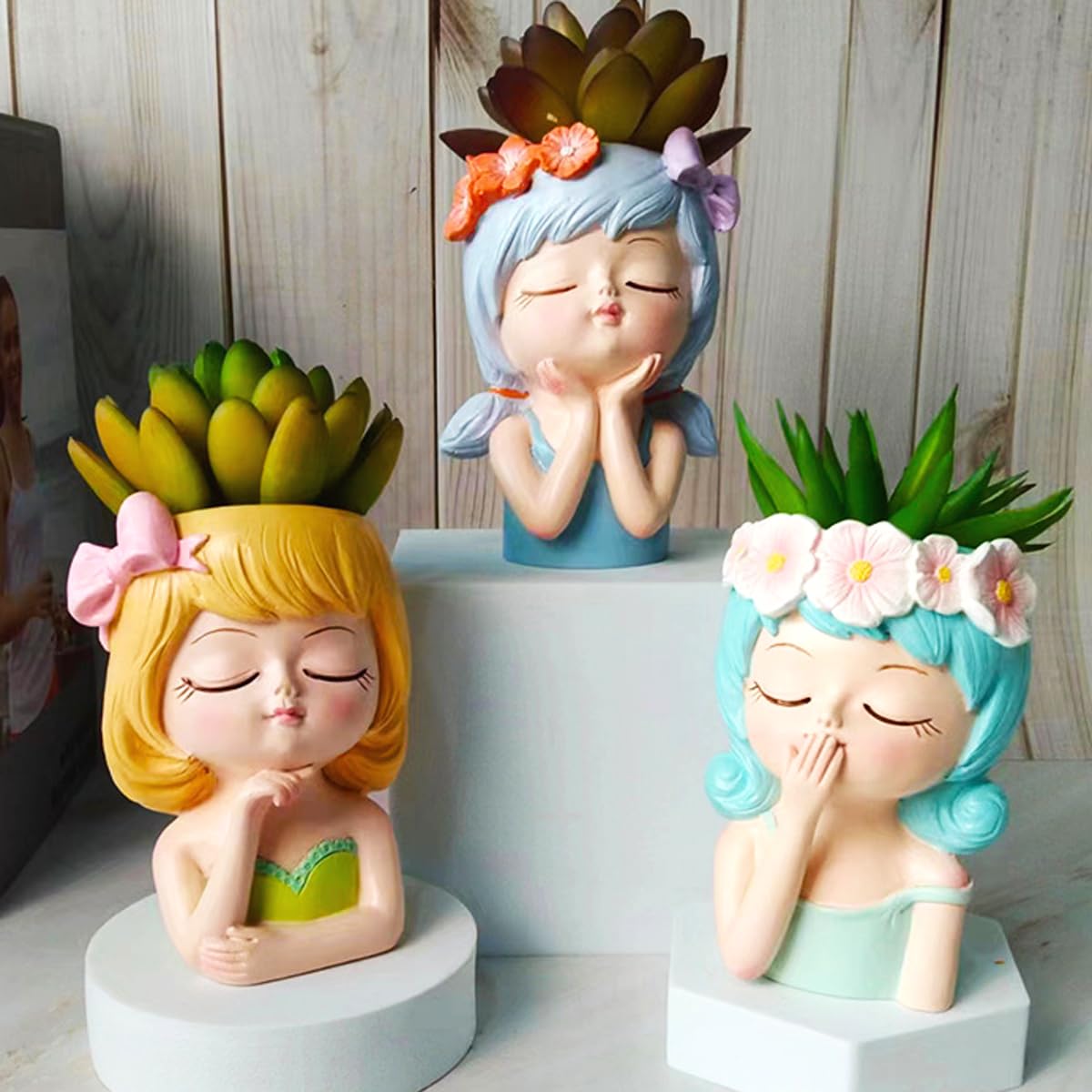 Cute Head Planter Pot Resin Succulent Planter Little Girl Flower Pot, Human Face Cactus Plants Container Bonsai Holder Thumb Pot Fairy Figurine Statue Planters with Drainage Decor Gift (Yellow)