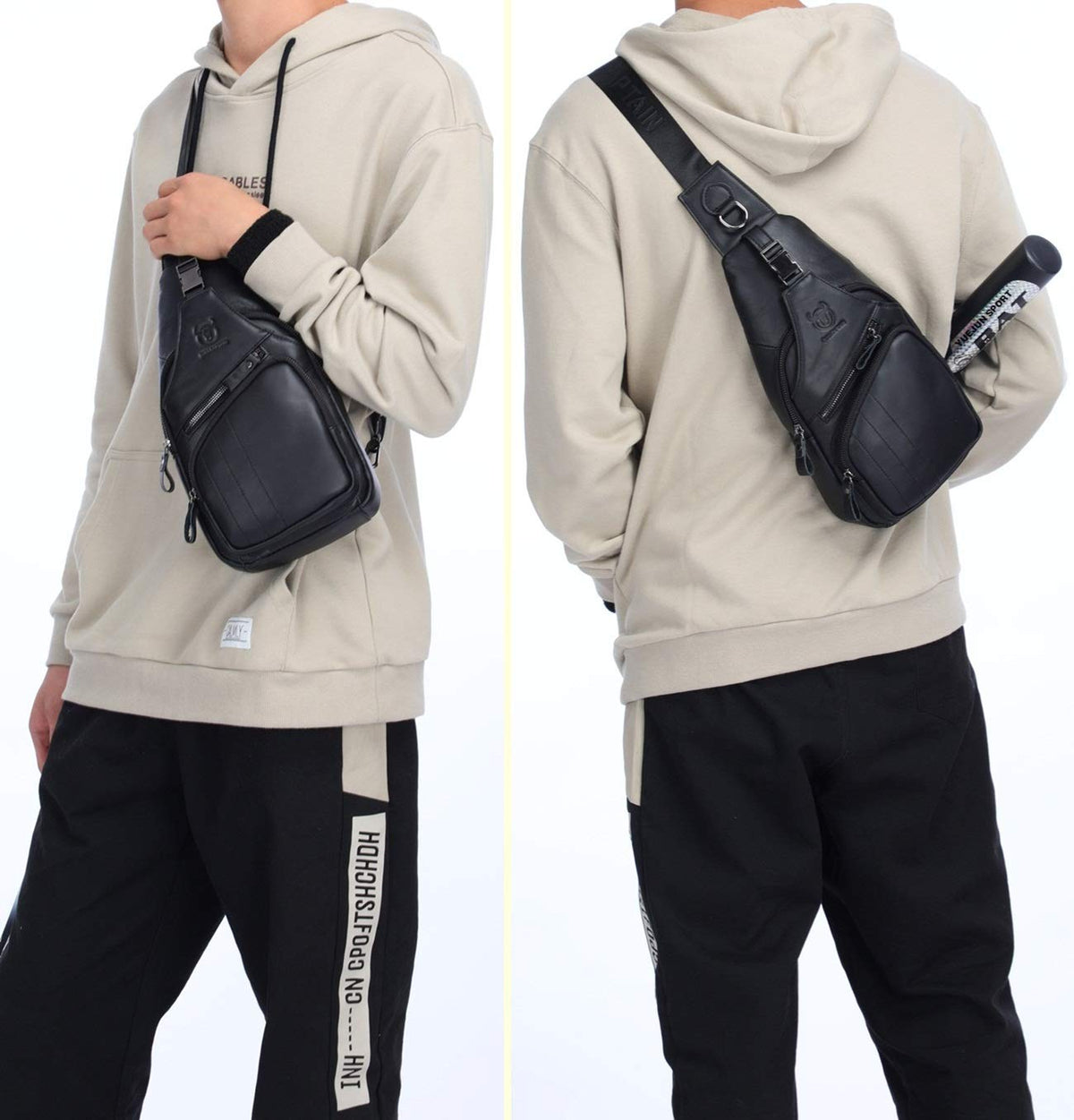 BULLCAPTAIN Leather Men Sling Bag Casual Crossbody Chest Bags Travel Daypack (Black)