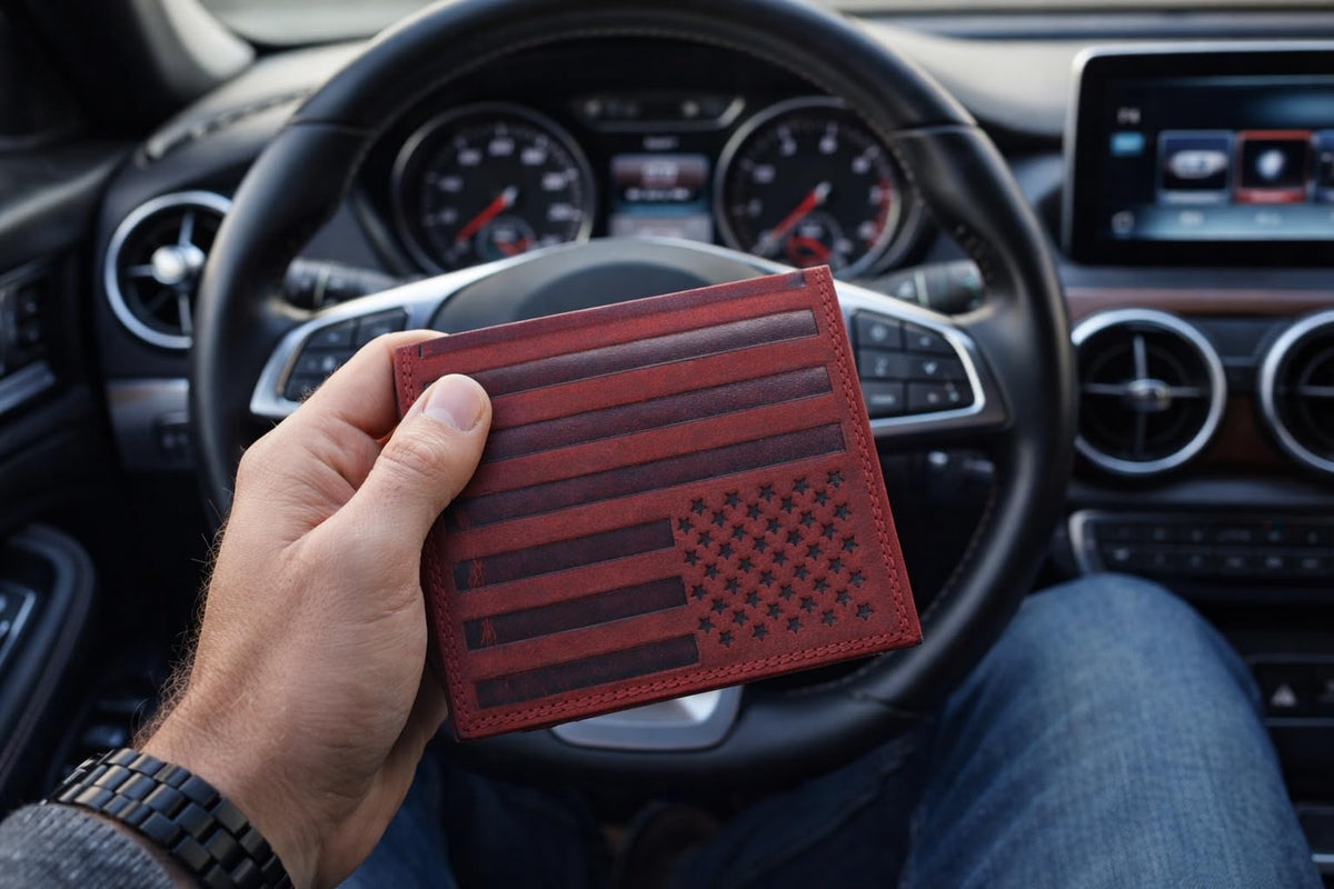 ASAD Genuine Leather Wallet for Men & Women | Compact & Spacious with 18 Card Slots, Expandable Currency Compartment & ID Window | Double-Stitched, RFID Blocking | Bordo Crazy Horse American Flag