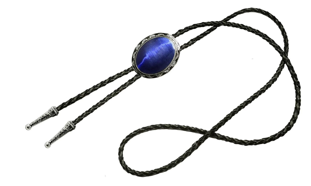 Moranse Bolo Tie with Natural Blue Gem Stone Cowboy Style Genuine Cowhide Rope
