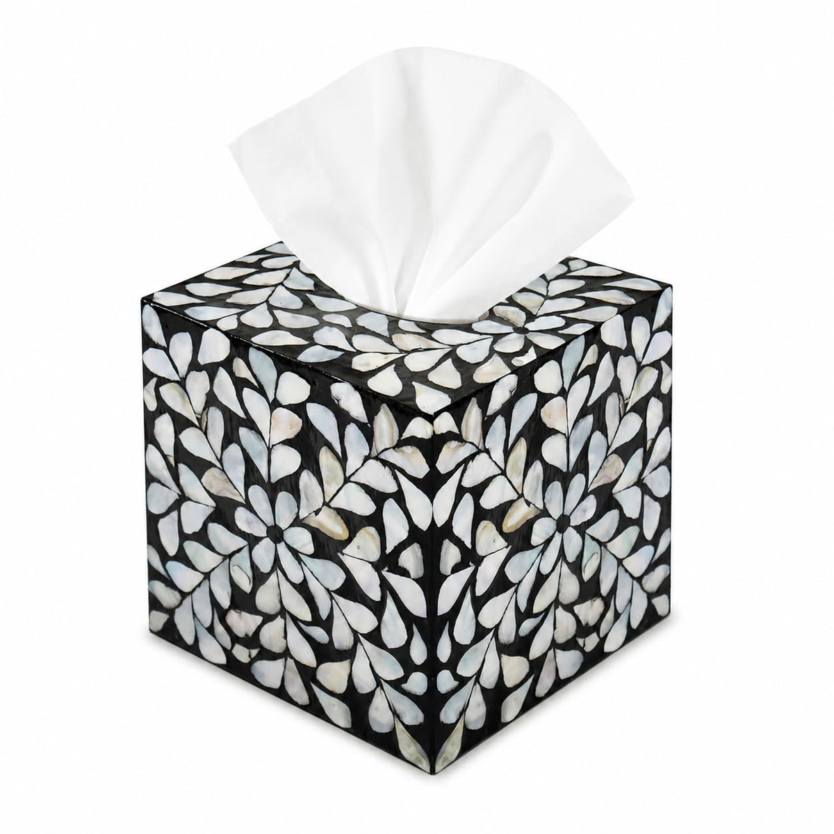 PEMAR Decorative Tissue Box Cover, 5.5” Cube Wooden Tissue Holder with Mother of Pearl Inlay, Farmhouse Rustic Napkin Dispenser for Bathroom, Living Room, Kitchen, Office (White Vines (Standard 5.5")