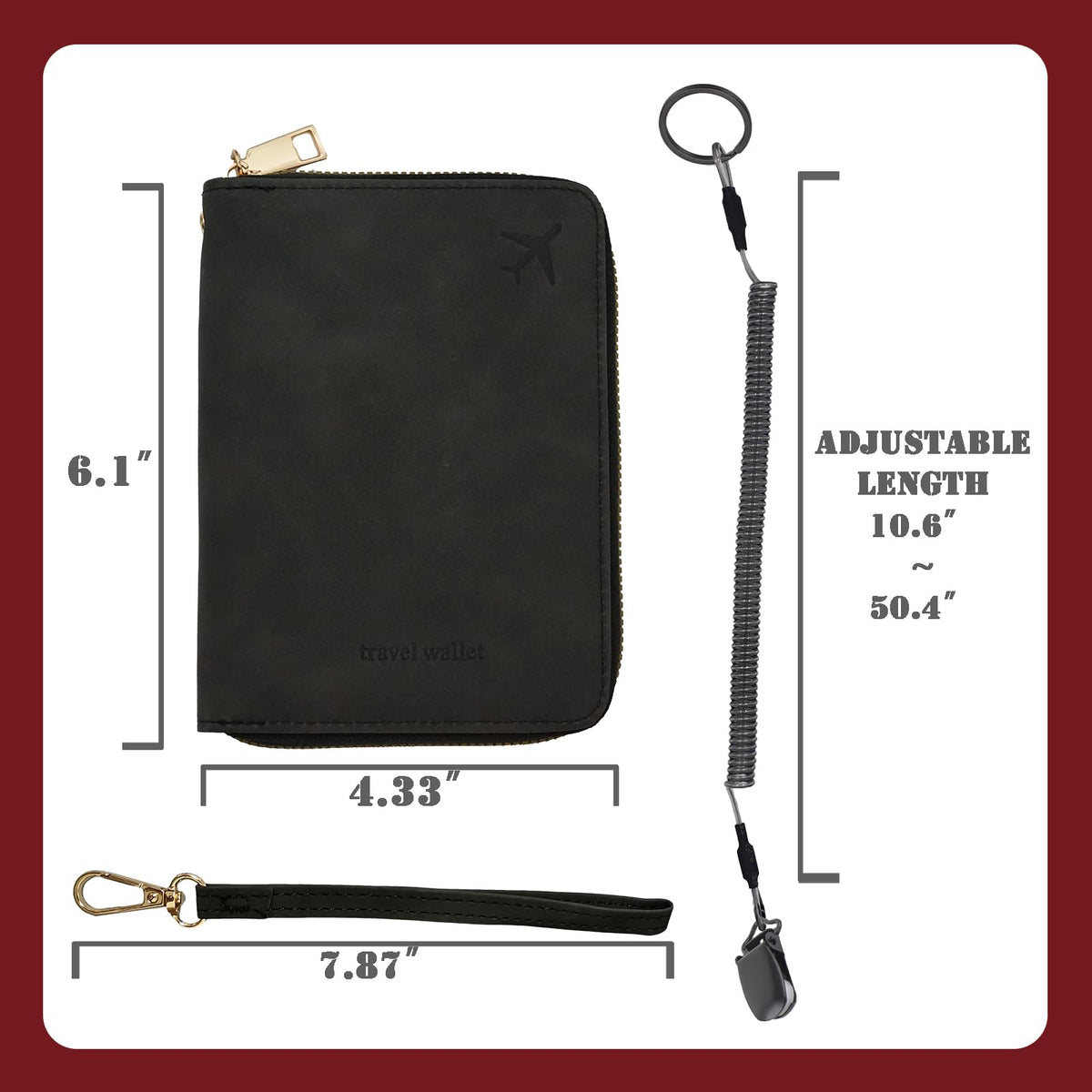 Passport Holder with Tether and Clip to Prevent Loss and Theft, Rfid Passport Holder for Travel, Passport Wallet, Passport Cover for Men and Women (Black - Tether and Clip)