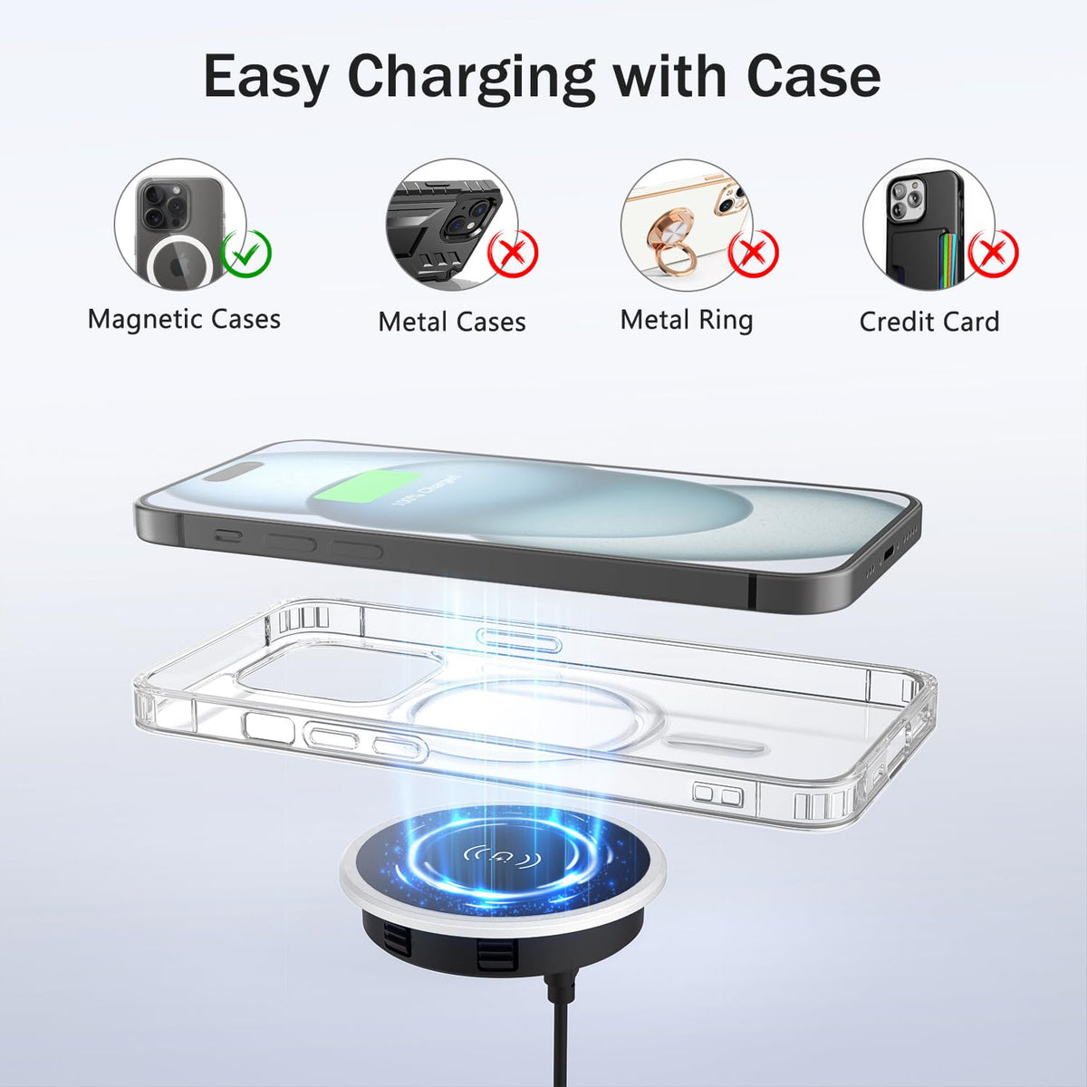 Wireless Magnetic Charger Desk Mount 15W Fast Charger for iPhone 17 16 Pro Max 15 14 13 12 Series,Magnet Qi Charging Pad/Station for AirPods,Recessed Hidden Under Desktop Hole Save Nightstand Space