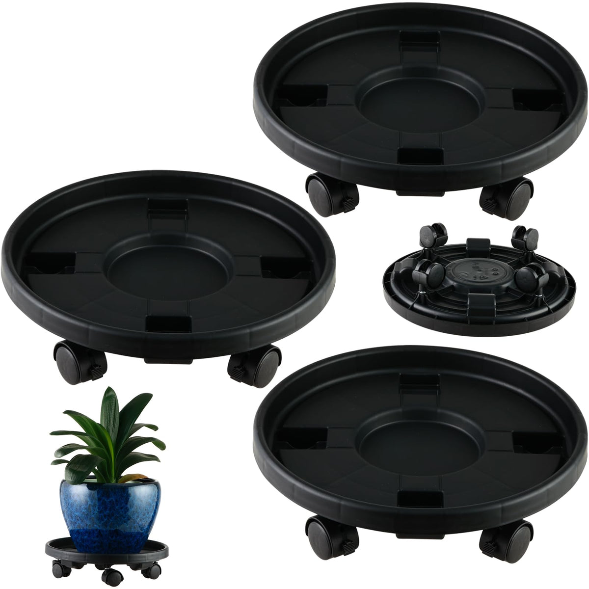3 Pakcs Large Plant Caddy with Wheels 15.8" Rolling Plant Stands Heavy-duty Plastic Plant Roller Base Pot Movers Plant Saucer on Wheels Indoor Outdoor Plant Dolly with Caster Tray Coaster, Black