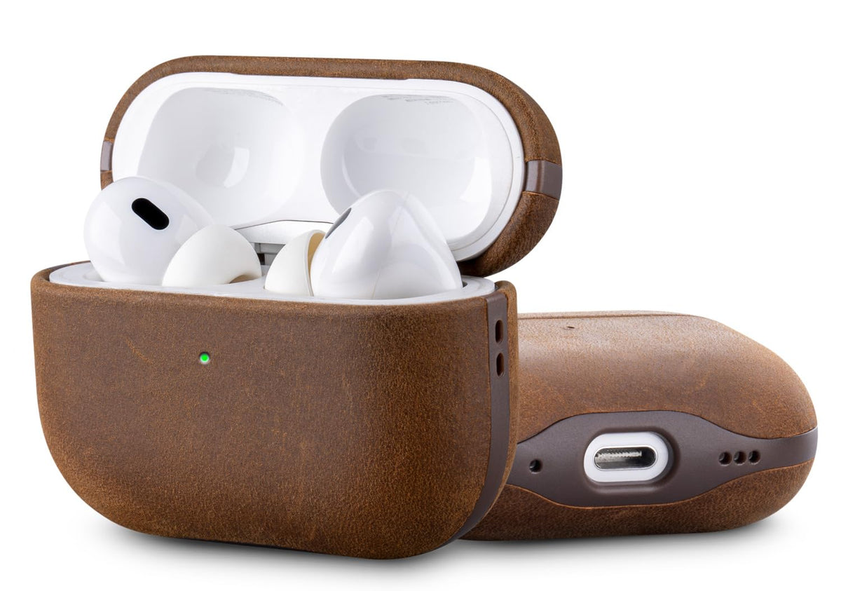 HanFab Artisan Hand-Wrapped Leather Case for AirPods Pro 2 | Crazy Horse Leather | MagSafe & Qi Compatible | Microfiber-Lined Scratch Protection | Hard Case for AirPods Pro 2nd Generation - Brown