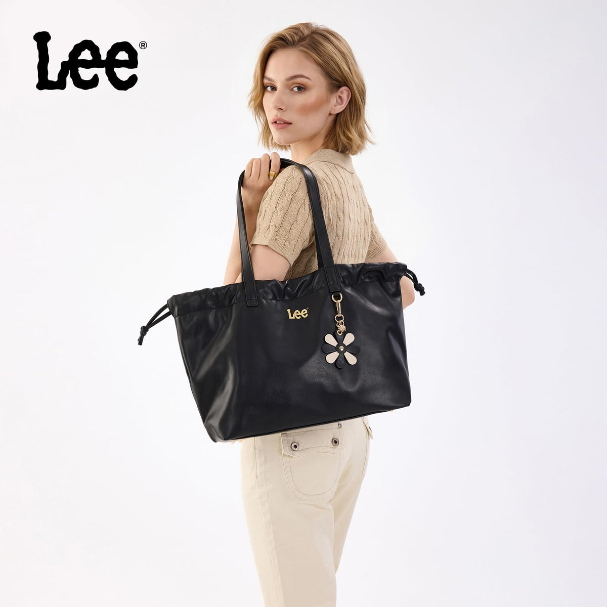 Lee Leather Tote Bag for Women, Spacious Vegan Leather Shoulder Bag & Handbag with Drawstring Closure, Durable Shoulder Straps, Large Capacity Work & Travel Purse, LEE73-001BK