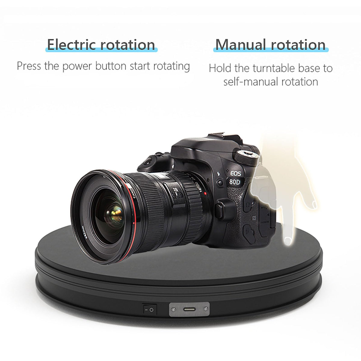 YVV Rotating Display Stand 9.84 Inch, 360° Motorized Turntable Display, USB Powered Spinning Display Platform for Product Photography, Jewelry, Shoes, 22 lbs Load, Black Electric Display Base