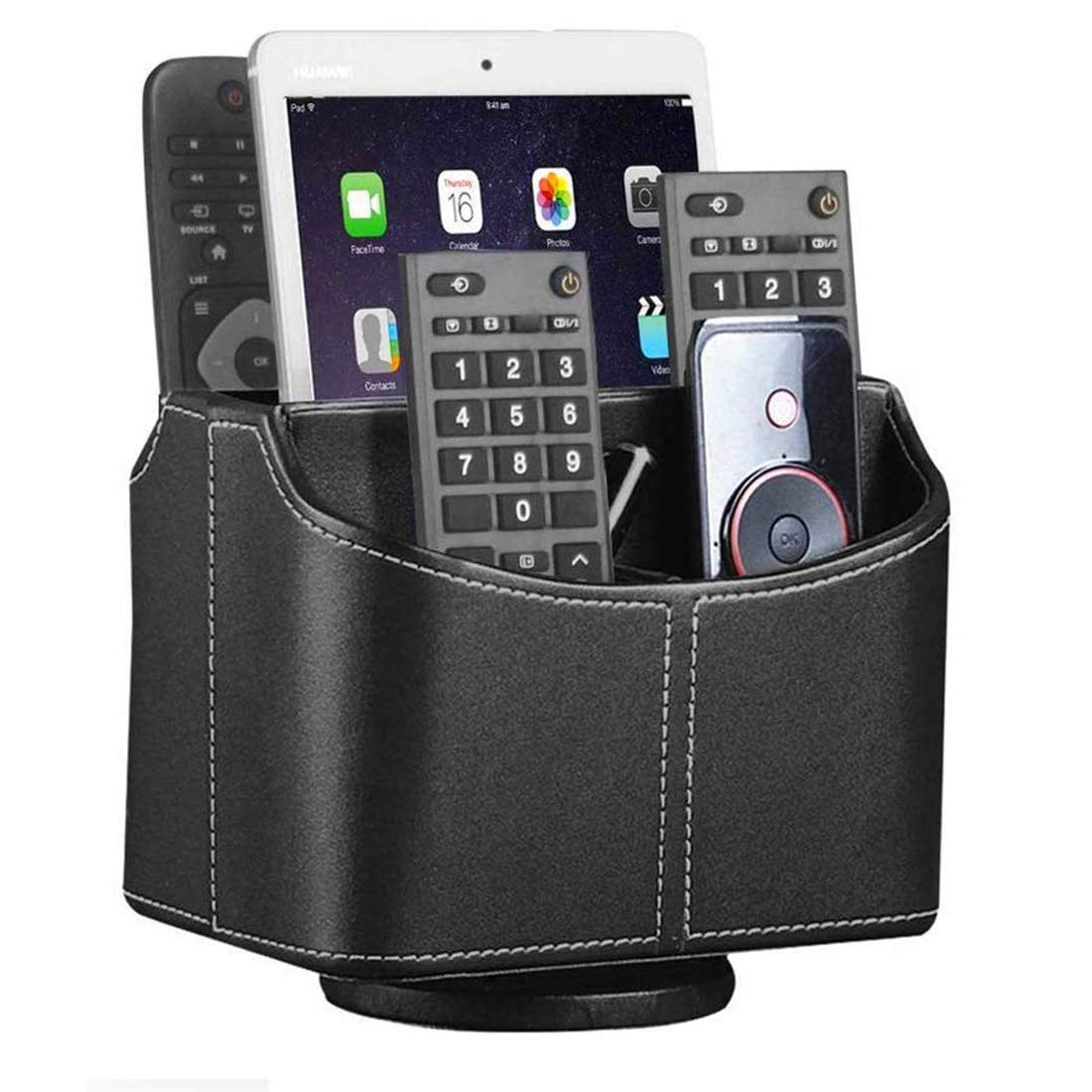 YAPISHI Leather Remote Control Holder, 360 Degree Spinning Desk TV Remote Caddy/Box,Bedside Table Organizer for Controller, Media, Mail, Calculator, Mobile Phone and Pen Storage