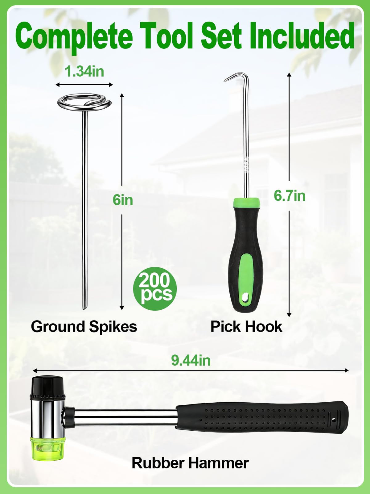 6 Inch Landscape Staples with Hook & Hammer - 200pcs Circle Top Weed Barrier Stakes Kit, 9 Gauge Galvanized Rust-Resistant Garden Fabric Pins, for SOD, Garden Edging, Install & Remove Tools Included
