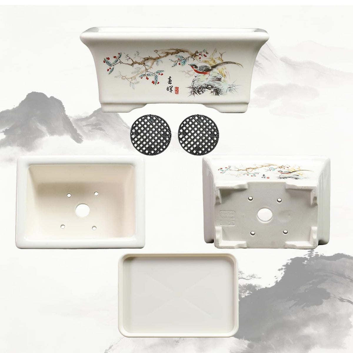 KyoYi Bonsai Pots with Drainage Tray, 6 Inch Plant Pot, Rectangular Chinoiserie Ceramic Planters,Painted Shallow Pot for Succulents, Bonsai Tree, Indoor Plants | Home Office Table Top Decor & Gifts
